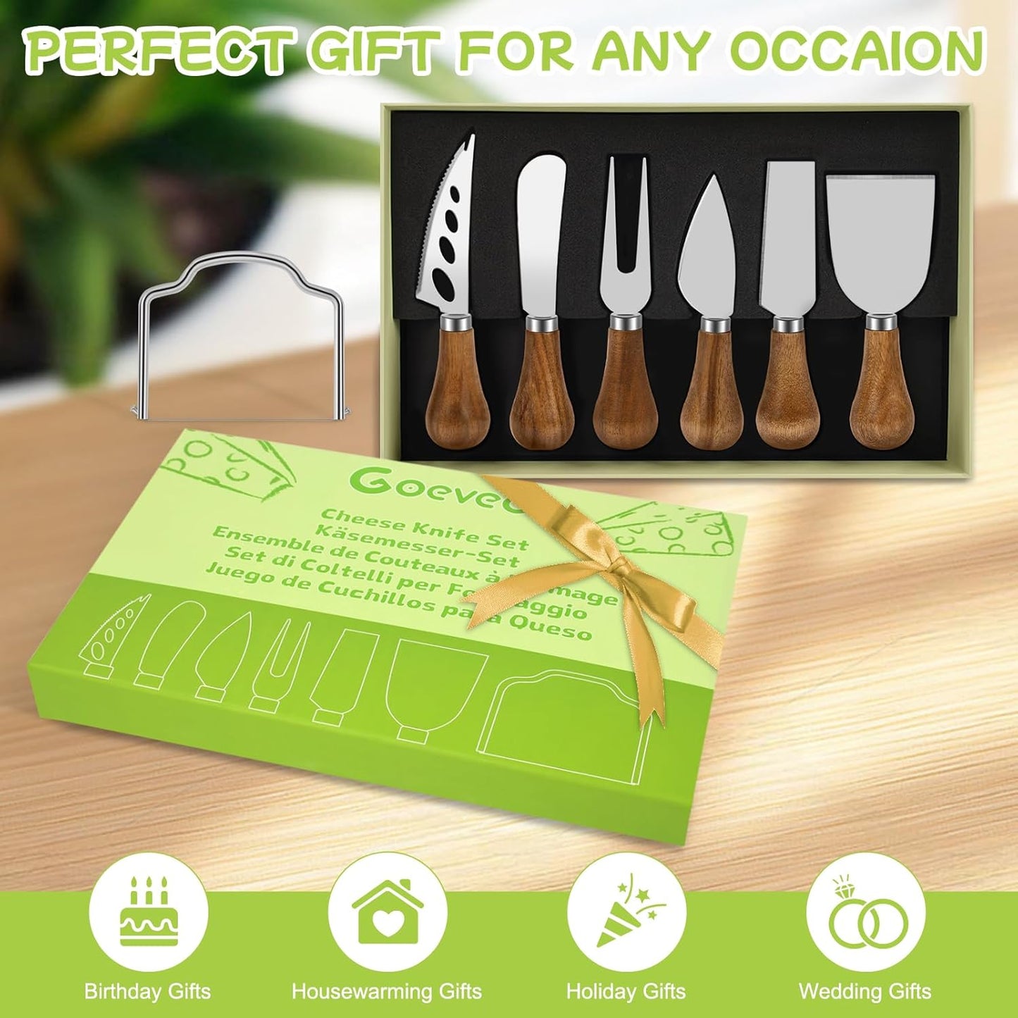 7-Piece Cheese Knife Set, Premium Stainless Steel Cheese Knives with Acacia Wood Handle and Cheese Slicer, Cheese Spreading Knife for Charcuterie Boards and Cutlery Gift Set