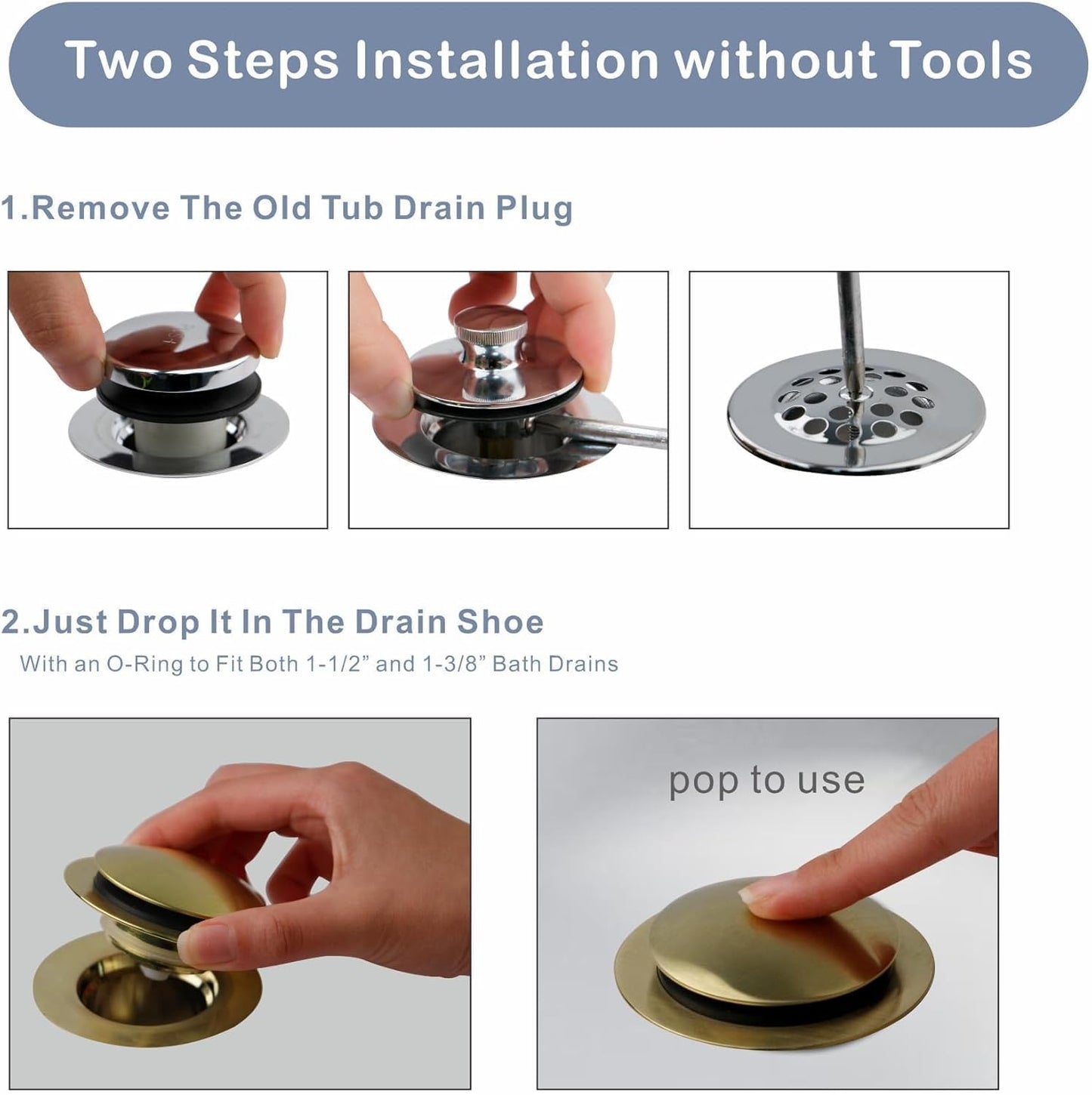 Gold Brushed Tub Drain Stopper,Universal Pop Up Bath Drain Plug Bathtub Drain Stopper,Hidrop Conversion Kit Assembly,Replaces Lift and Turn,Tip-Toe Plug Stopper for Tub,EZ Install(Gold Brushed)