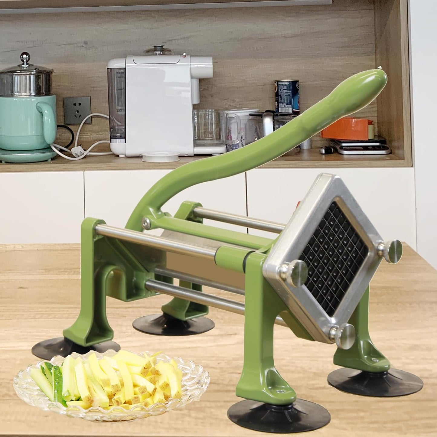 Commercial French Fry Cutter Stainless Steel.Potato Cutter for French Fries with 3/8 and 1/4Inch Blade, Commercial French Fry Cutter Manual Potatoes Cutting Machine with Suction Feet.