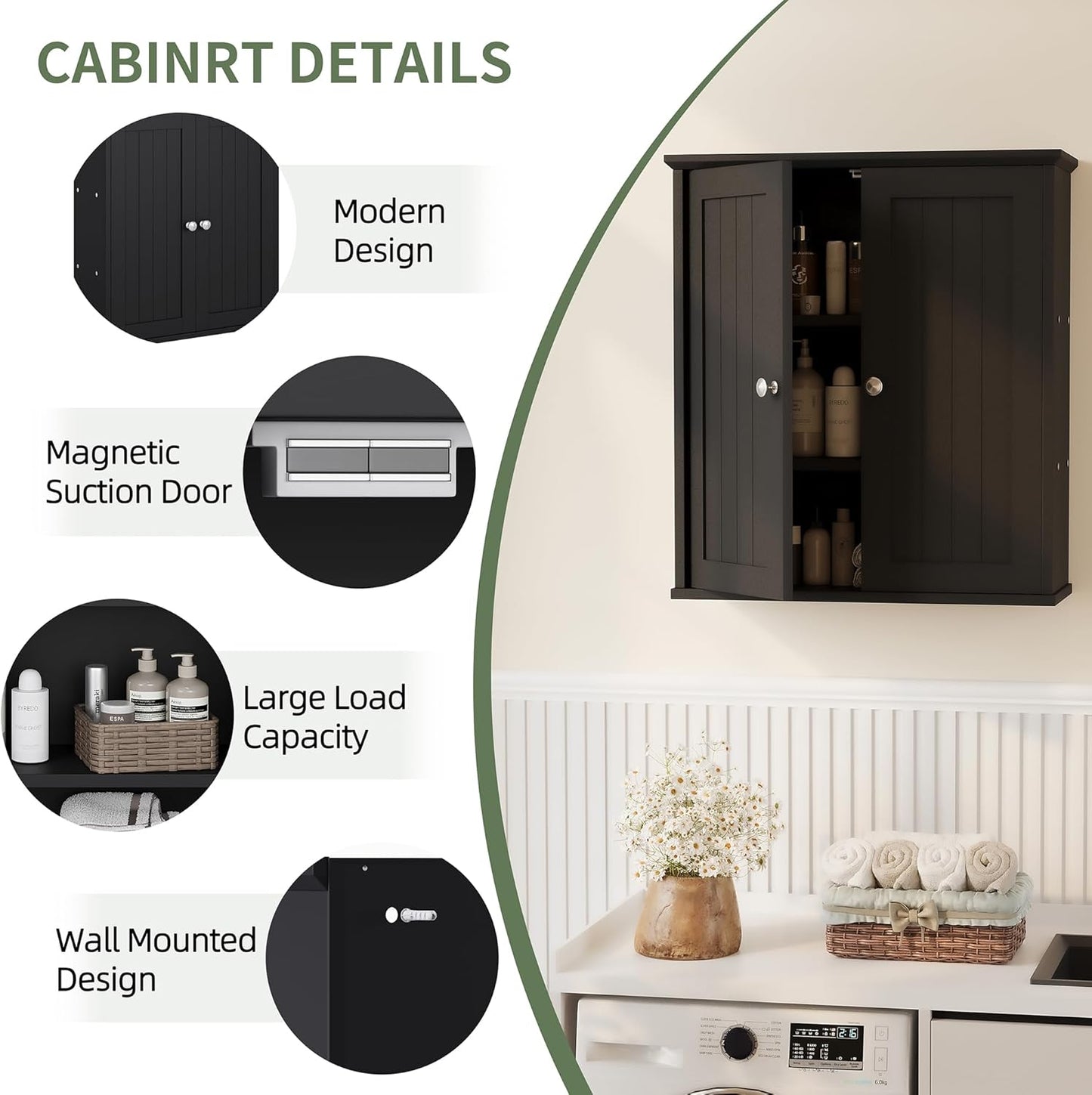 Meilocar Bathroom Wall Cabinet, Bathroom Cabinet Wall Mount, Over Toilet Space Saver Storage Cabinet, Wood Medicine Cabinets, Black