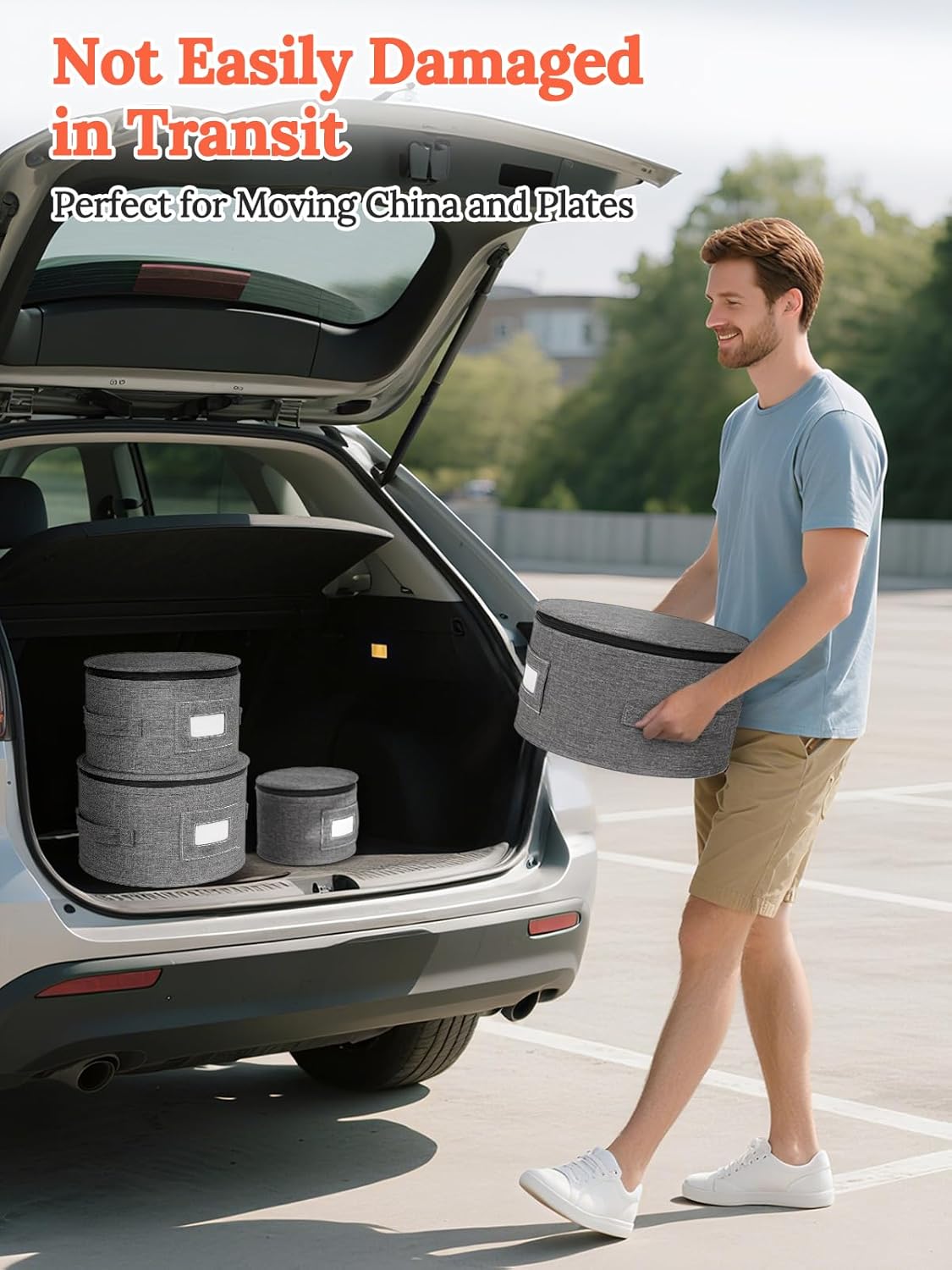 China Storage Containers, 4 Piece Rigid-Shell Dinnerware Storage with Felt Dividers, Stackable Fine China Storage for Plates, Bowls, Glassware, Kitchen Dish Organizer for Moving