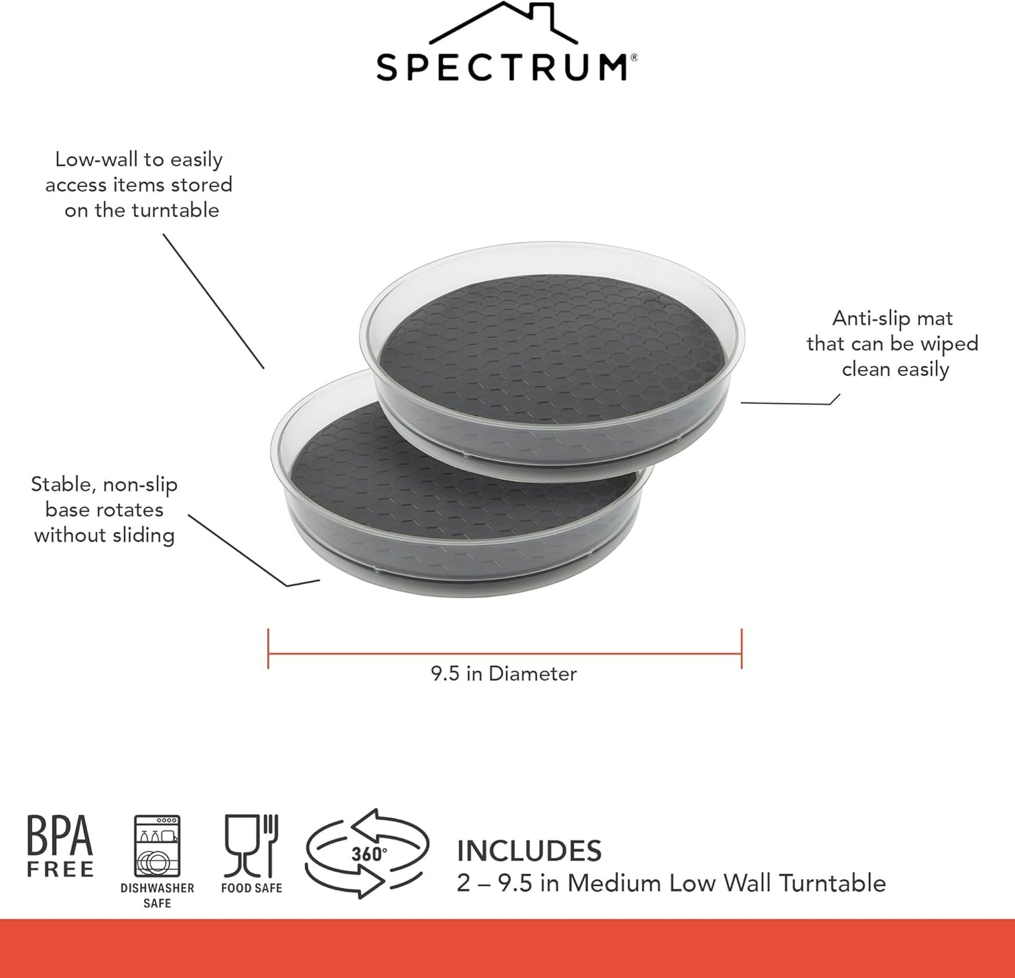 Spectrum Medium Lazy Susan Organizers 9.5 in Pack of 2 for Cabinet Pantry Table Rotating Kitchen Storage Spice Rack Fridge Organization, Charcoal Gray Spinning Turntable for Sauces Jams Condiments