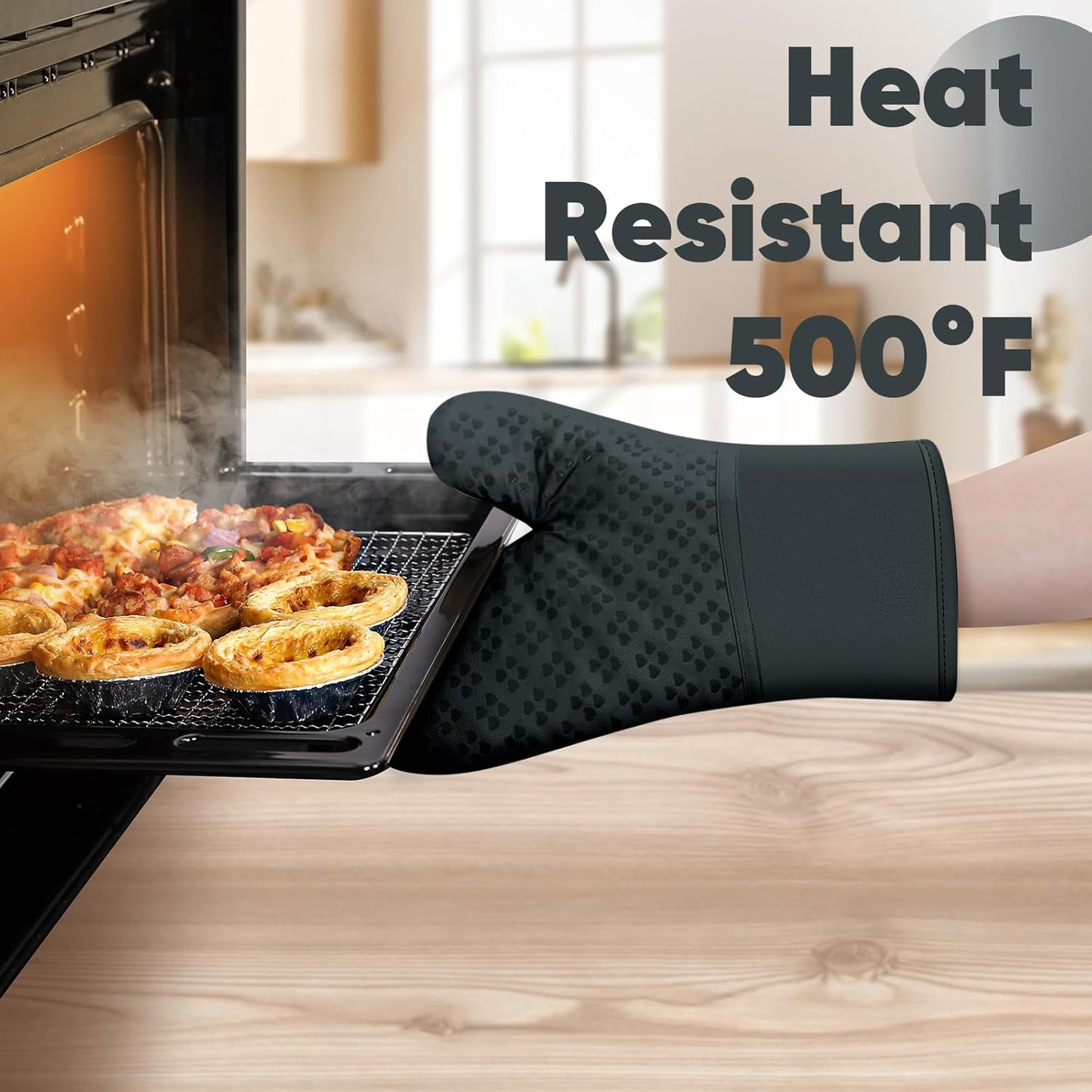 Oven Mitts and Pot Holders 4 Sets, Heat Resistant 500 ℉ Oven Mitt and Pot Holder,Oven Glove&Potholders with Non-Slip Silicone Surface,Kitchen Essentials for Cooking/Baking/BBQ-Deep Green