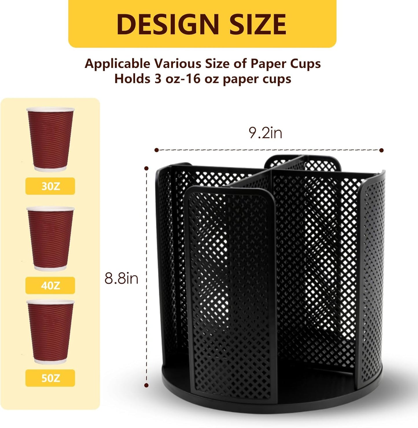 Coffee Cup Dispenser, Disposable Paper Cup and Lid Holder 360° Rotatable with 4 Compartments,Can Stacking 3-16oz Cups and Lid Holder for Coffee Shop,Home Countertop,Office,Restaurant,Kitchen