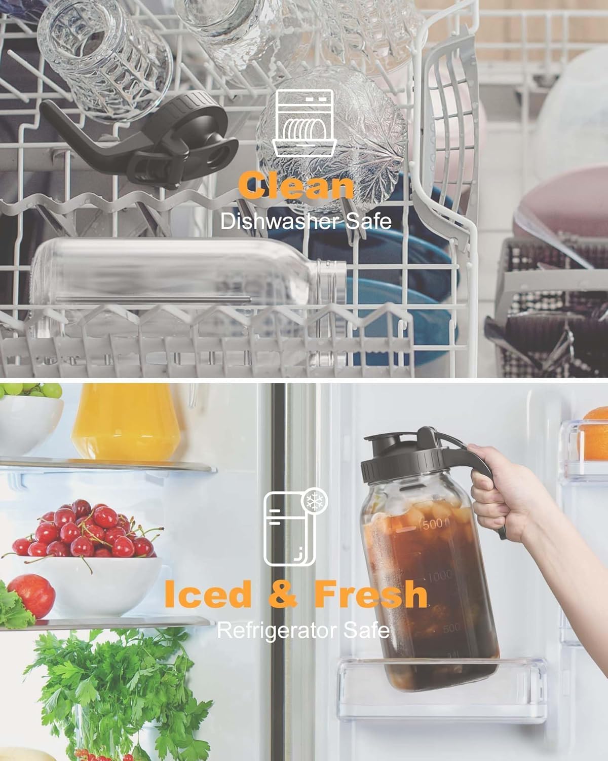 2 Pack (64oz) Glass Mason Jar Pitcher with Lid and Spout Wide Mouth, 2 Quart Leakproof Water Jug for Sun Tea, Iced Coffee, Milk Storage, Juice, Black