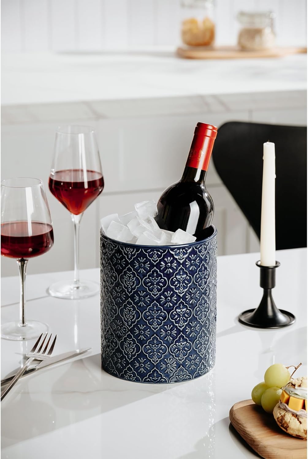 Kitchen Utensil Holder, 6x7 inch Large Ceramic Utensil Holder with Embossed Pattern, Cooking Utensil Crocks for Kitchen Countertop, Home Decor, Blue