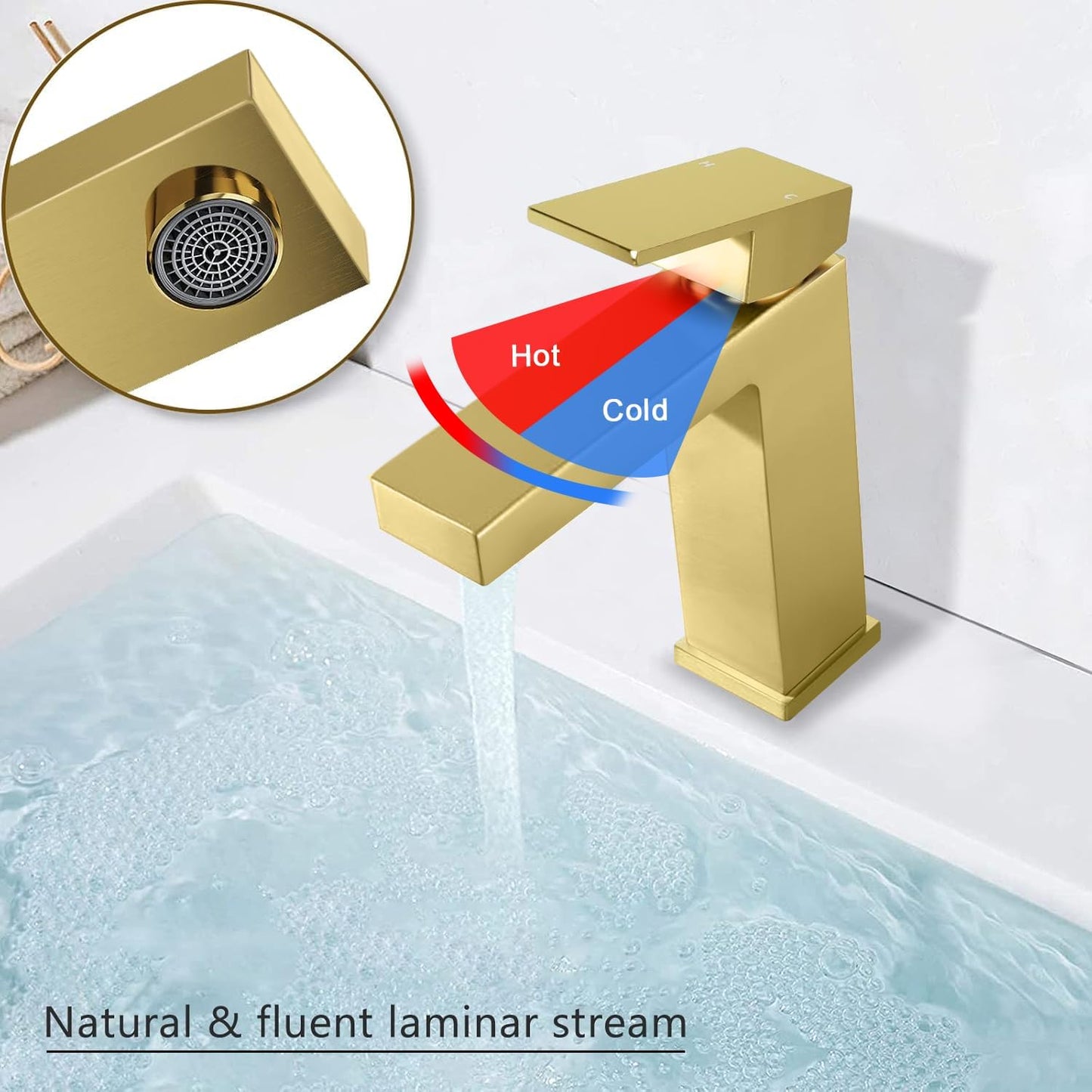 Solid Brass Bathroom Faucet, Gold Bathroom Faucet 1 Hole,CEC & cUPC Certified Lead-Free Single Hole Vanity Gold Faucet with Two Flexible Hoses & Pop Up Drain Stopper