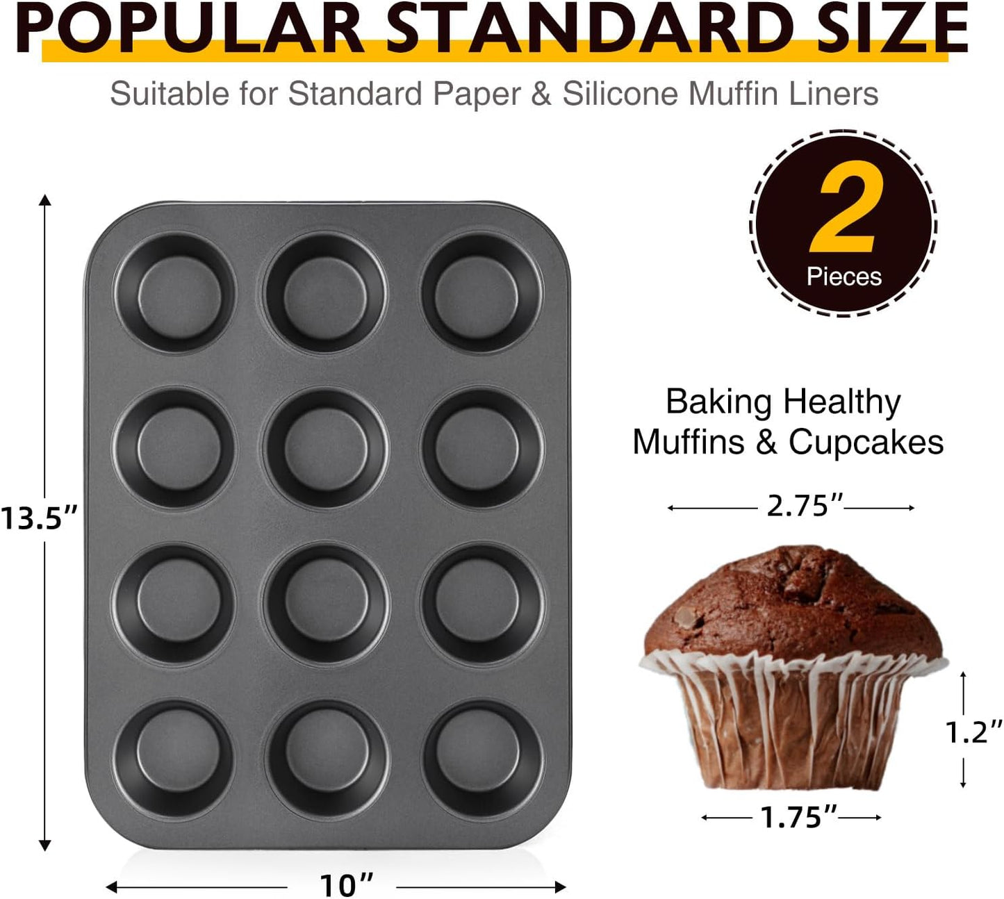HONGBAKE Muffin Pan for Baking, Nonstick Cupcake Tin 12 Cup, 2 Pack Cup Cake Tray, Premium Cheesecake Pans, Dishwasher Safe - Dark Grey