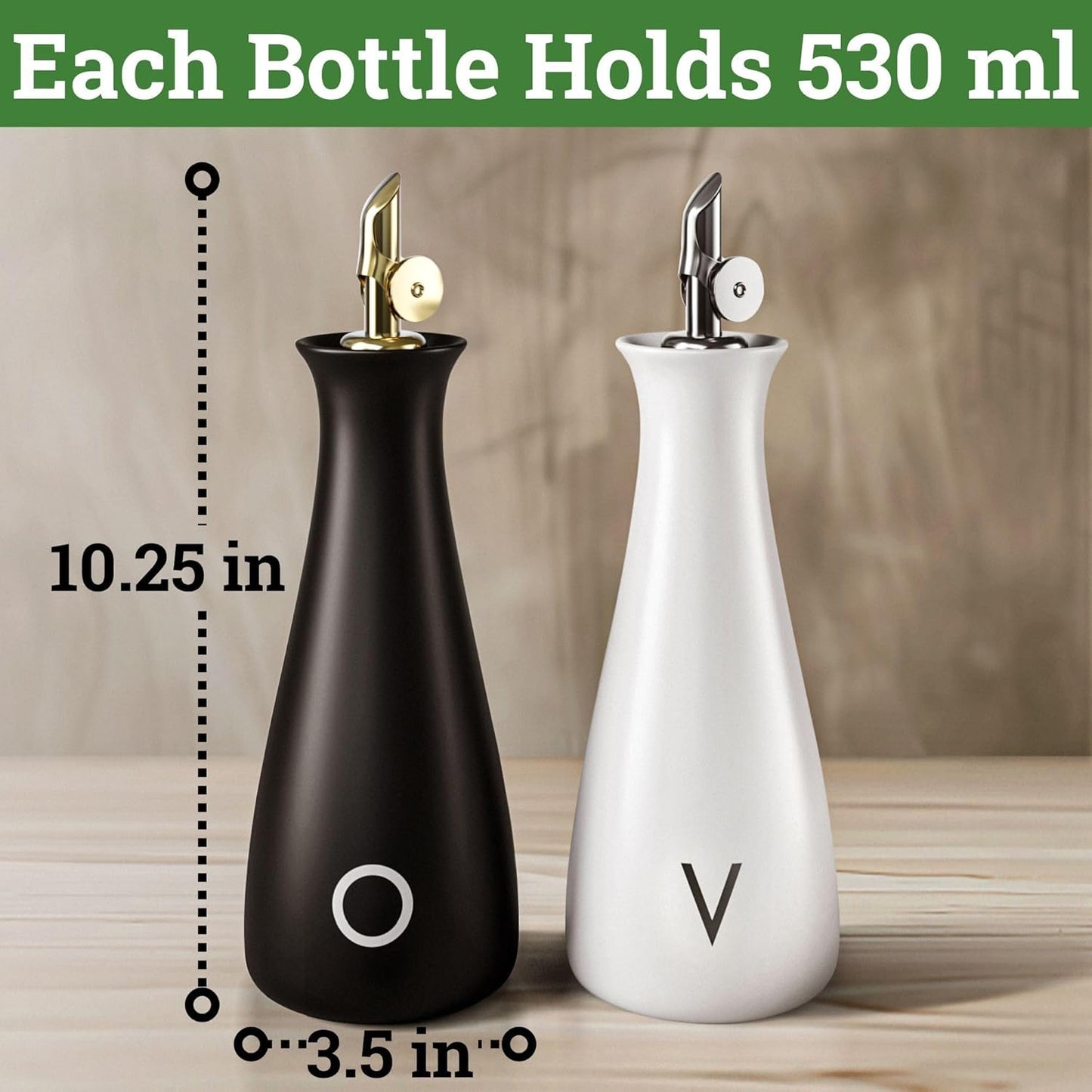 Oil and Vinegar Dispenser Set with Self-Closing Stainless Steel Spouts - 530 ML Capacity Matte Ceramic Leak Proof EVOO & Vinegar Dispensing Bottle Set of 2 - Olive Oil and Vinegar Dispenser Bottle Set