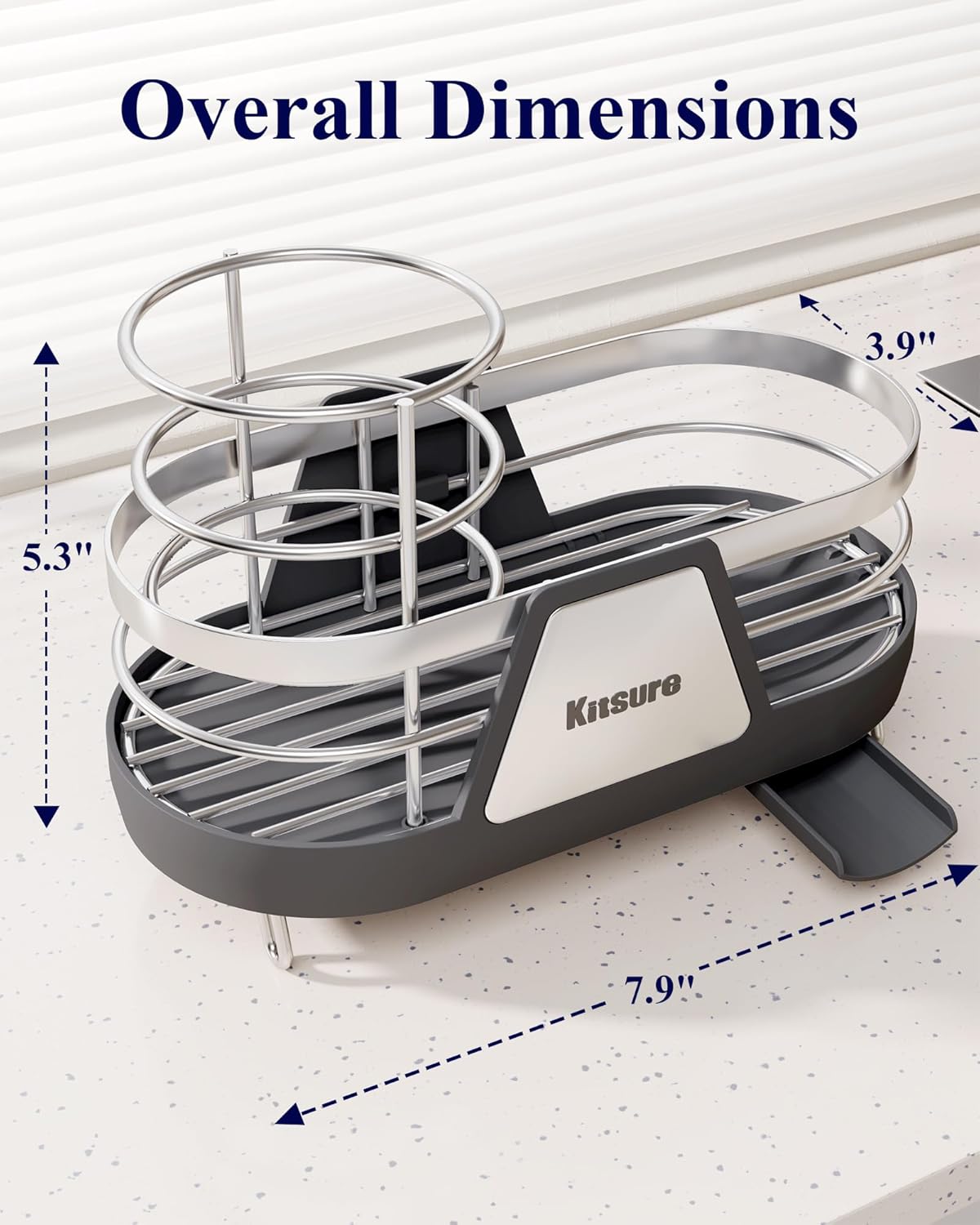 Kitsure Sponge Holder for Kitchen Sink - Space-Saving Kitchen Sink Caddy, Rustproof Metal Organizer with Removable Brush Holder, 7.9"×3.9"×5.3", Grey