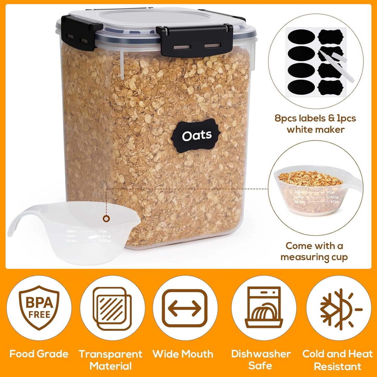 Large Thicker Food Storage Containers with Lids Airtight 5.3L/179Oz, 4pcs Plastic Pantry Storage Container for Dry Food/Flour/Sugar/Pasta/Cereal/Baking Supplies, Canister for Kitchen Organization