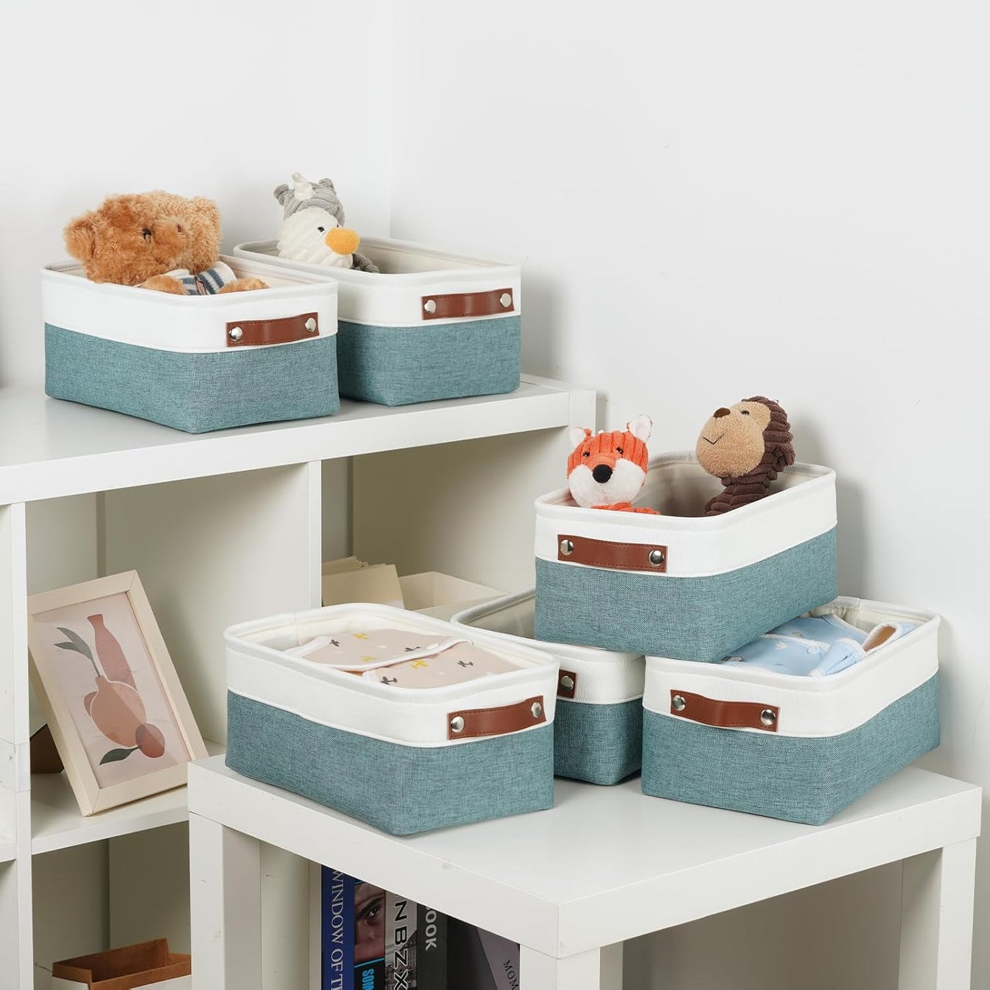 DULLEMELO Set of 6 Small Baskets for Organizing, Small Fabric Storage Bins for Storage, Collapsible Storage Bins with Handles for Shelves, Closets (11.8"x7.9"x5.1", White&Deep Green)