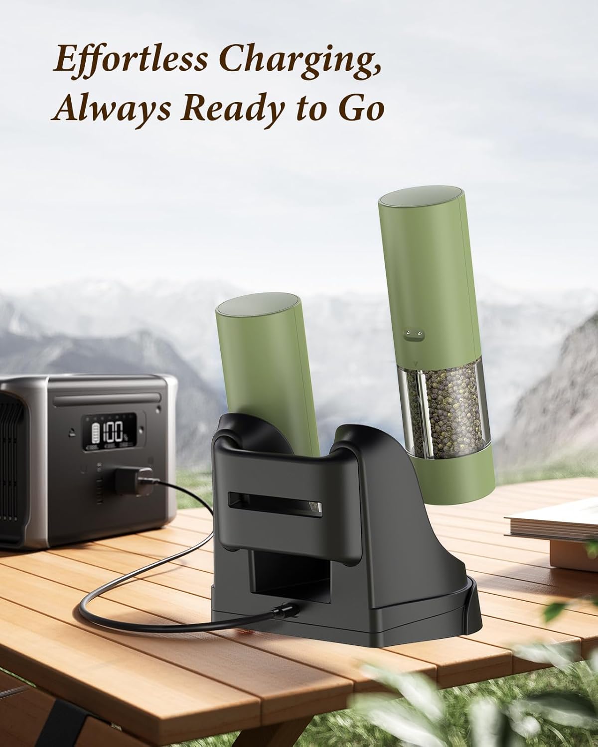 Electric Salt and Pepper Grinder Set - Automatic Refillable Salt and Pepper Grinders with Charging Base & LED Light, 6-Level Adjustable Coarseness with External Dial, Ideal Kitchen Gadget,Green