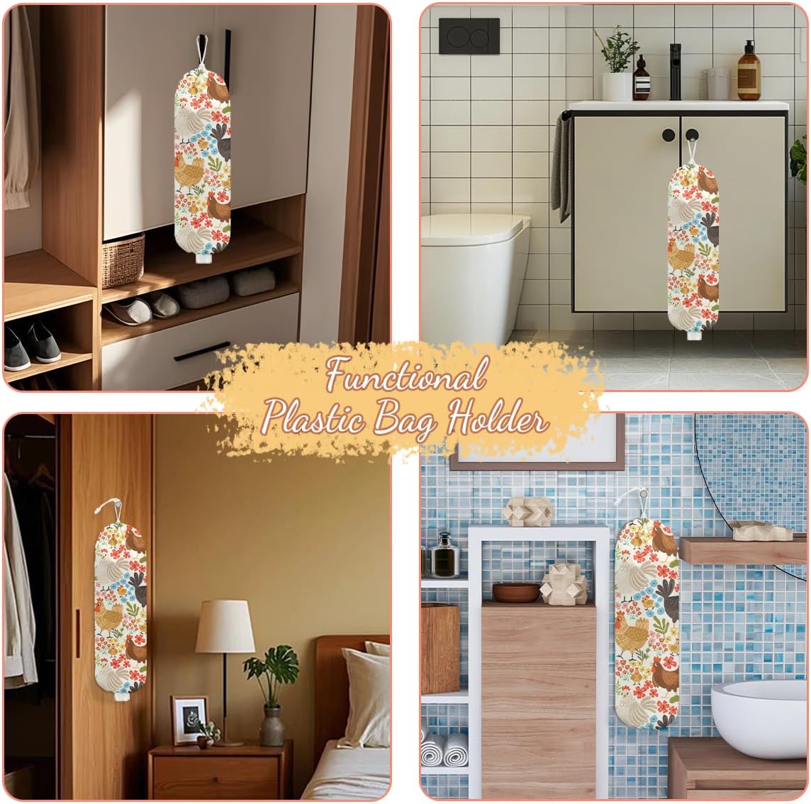 Chicken Plastic Bag Holder, Wall Mount Grocery Bag Holder, Plastic Storage bag, Pull Rope Free Adjustment, Plastic Bag Holders for Grocery Bags, Plastic Bag Dispenser for Home Kitchen