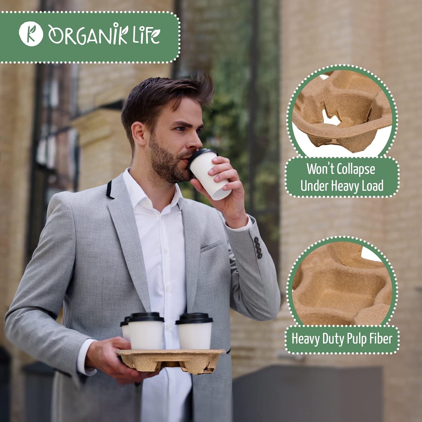 4 Cup Carrier Tray (50-Pack), No-Spill, No-Mess Disposable Holder, Biodegradable, Eco-Friendly for Delivery of Hot or Cold Drinks, Ideal To Go Carrier for Car Food Delivery