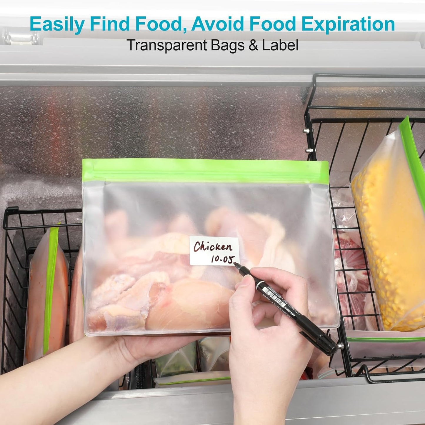 iSPECLE Reusable Sandwich Bags - 10 Pack Food Storage Bags BPA-Free with Stand-Up Bottom and Label, Easy to Get Frozen Meat, Vegetables, Fruit, Leakproof Freezer Bags Keep Food Fresh, Green