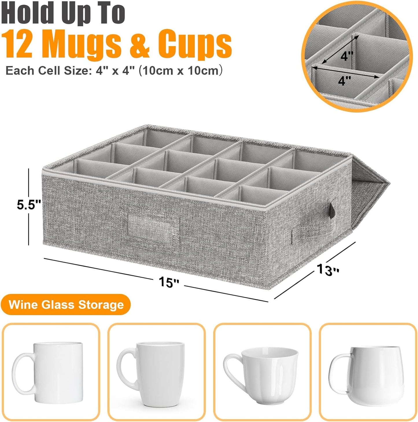 Coffee Mug Storage Box 2 Pack with Dividers, China Storage Containers Organizer Moving Supplies, Hard Shell & Stackable for Coffee Mugs, Tea Cups w/Sturdy Lid & Handles, 24 Compartments, Grey