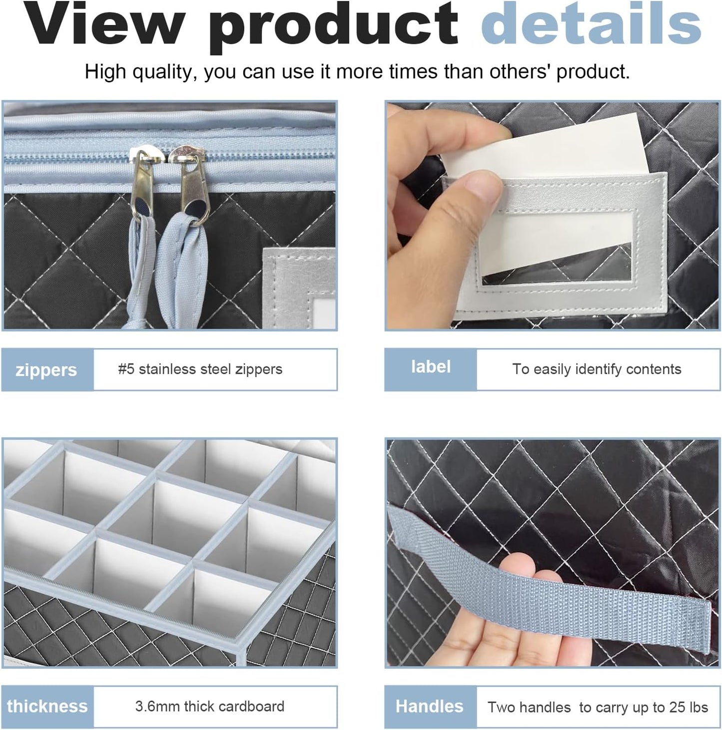 VERONLY China Dinnerware Storage Containers Set- Dish,Mug,Stemware Storage Cases - Quilted Box Bins Stackable with Divider,handles,Clear Window for Cups,Plates,Wine Glasses Moving Set of 6 (Grey