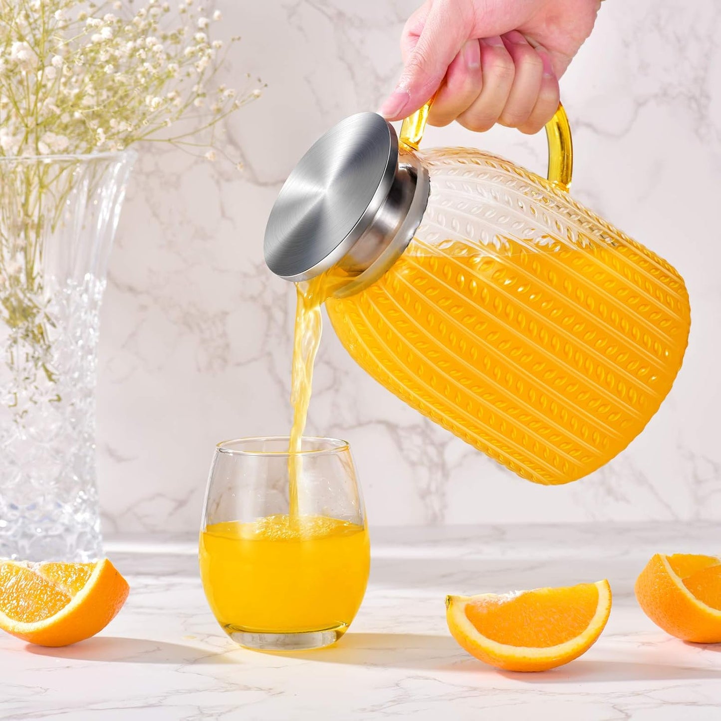 Aofmee 60oz Glass Pitcher, Water Pitcher with Lid, Iced Juice Jugs for Fridge, Glass Carafe for Cold or Hot Beverages, Sun Tea Jar, Easy Clean Heat Resistant Glass Jug for Milk