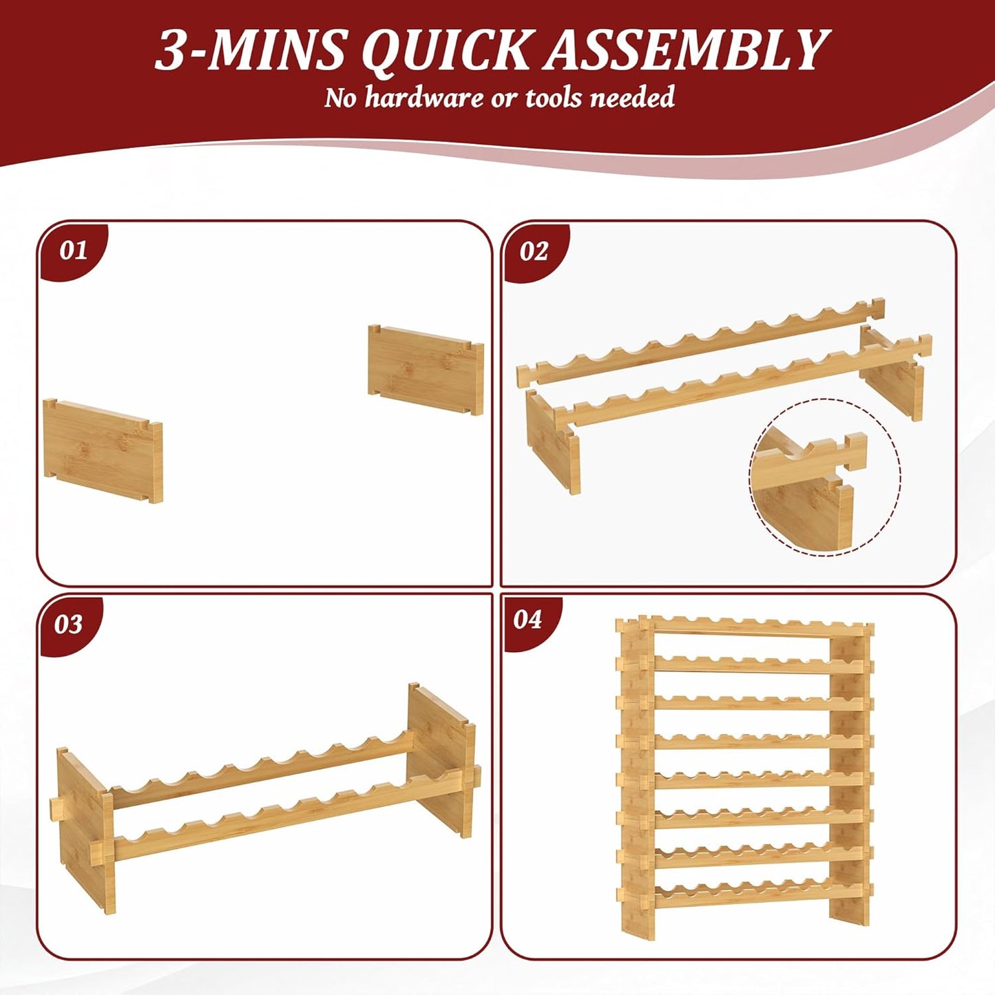 VASMIA Bamboo Stackable Wine Rack,72 Bottles Wine Rack Freestanding Floor,No Tools Assembly,8-Tier Display Wine Storage Shelf for Kitchen, Bar, Dining Room,Cellar,Natural