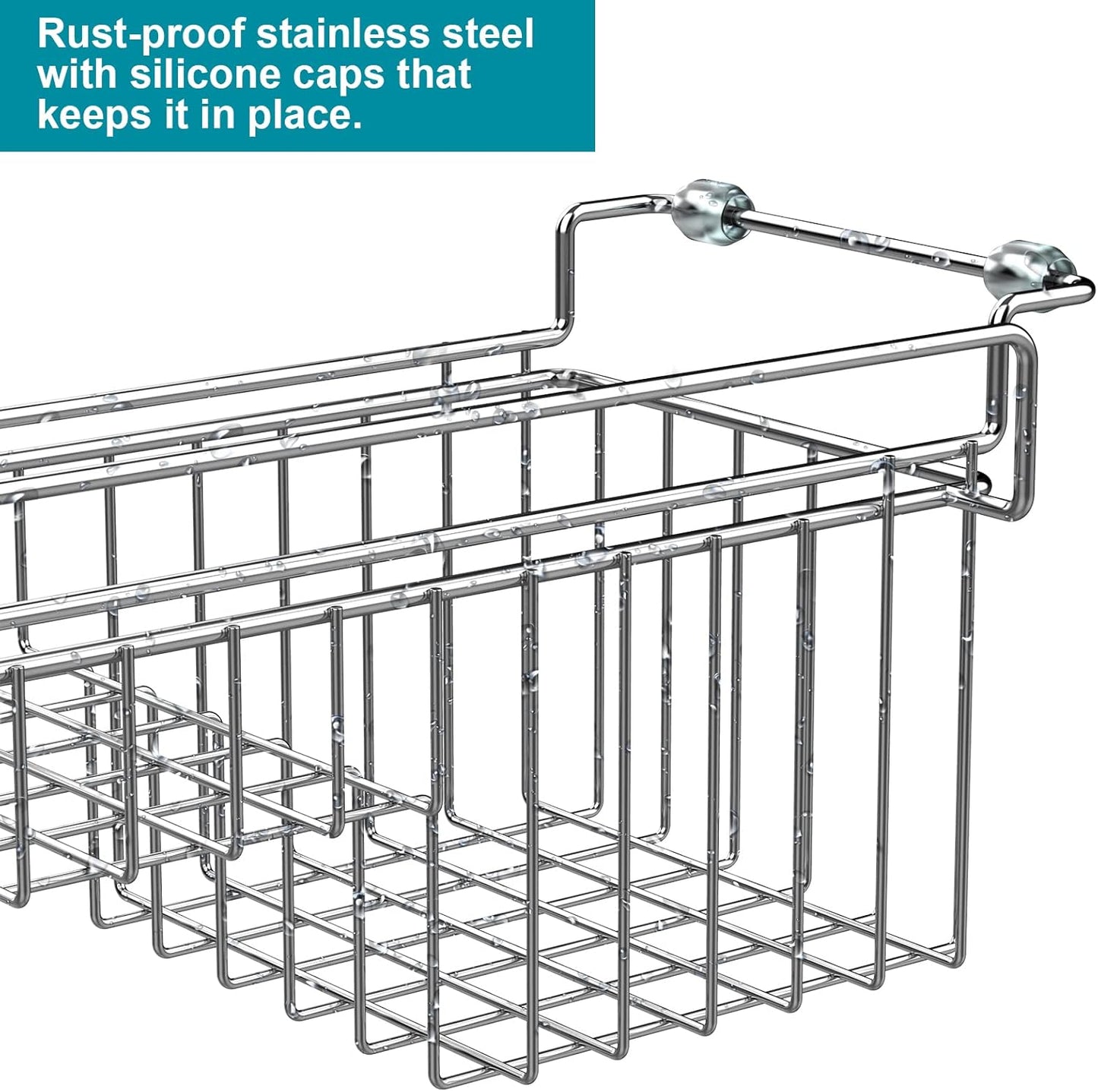 Over The Kitchen Sink Caddy Sponge Holder Organizer Drying Rack Expandable for Sponge Brush Soap Dish Cloth Rag 14.5" to 22", Stainless Steel
