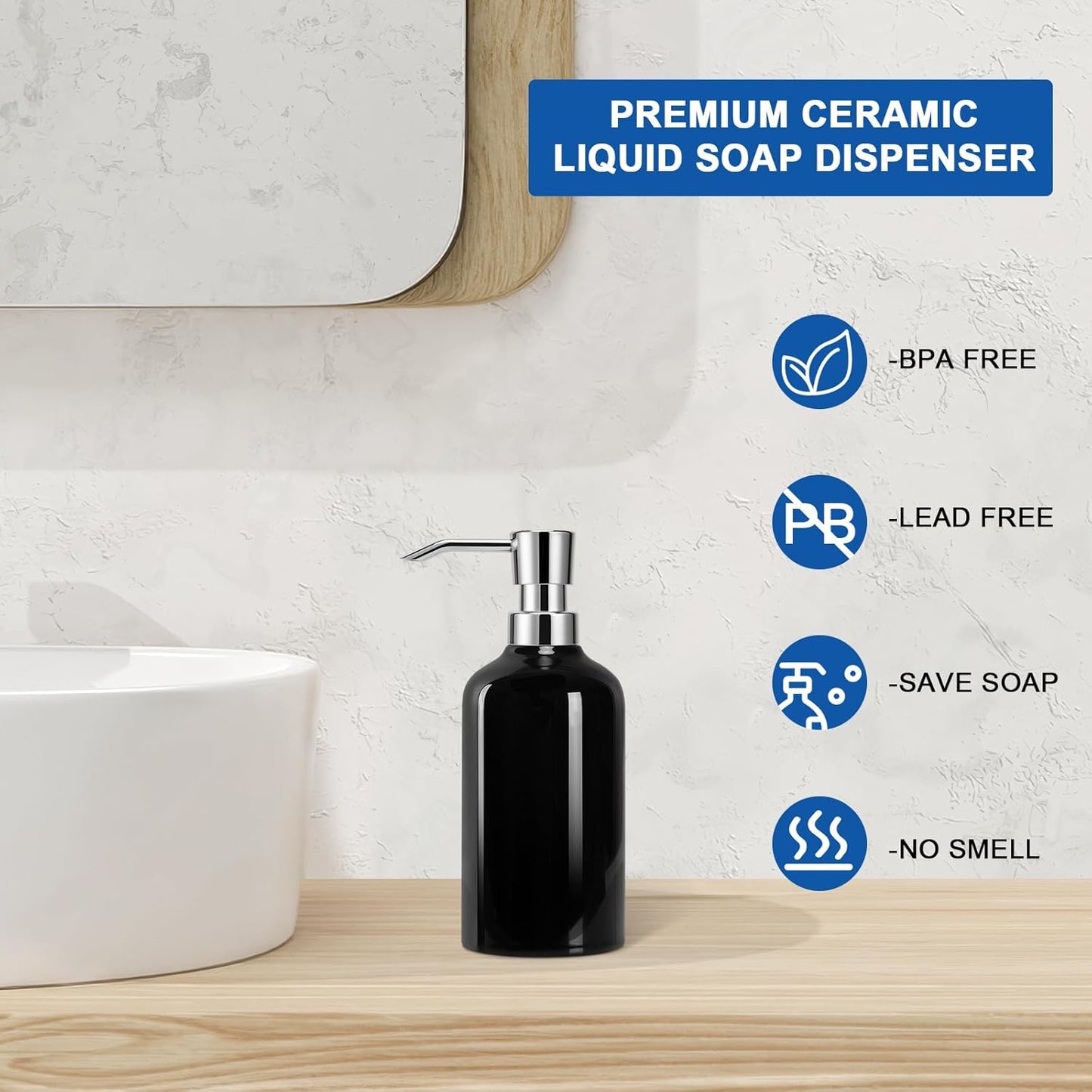 Ceramic Black Soap Dispenser Bathroom, 2 Pcs 16.9oz Hand Soap Dispenser for Kitchen, Hotel