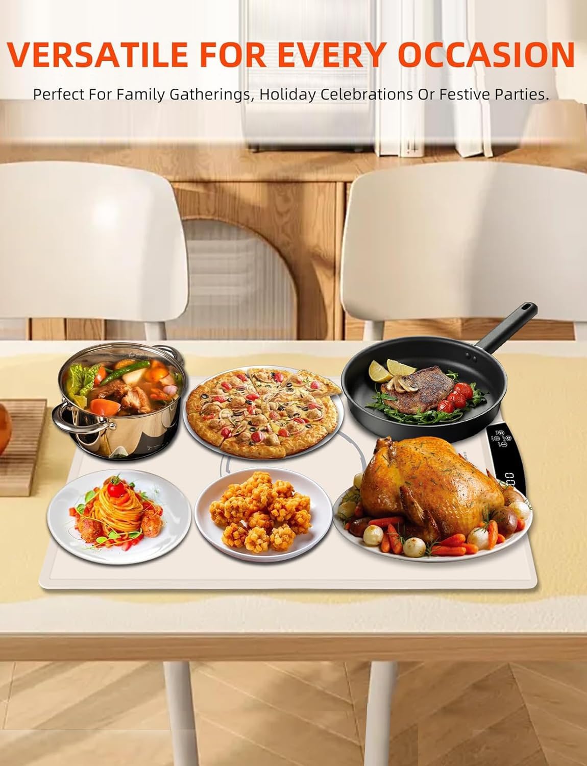 Electric Food Warming Tray, Full-Surface Warming Mat, Roll Up Silicone Heating Tray for Kitchen, Adjustable Temperature Settings & Timer, Food Warmer for Gatherings, Parties, Travel, Beige