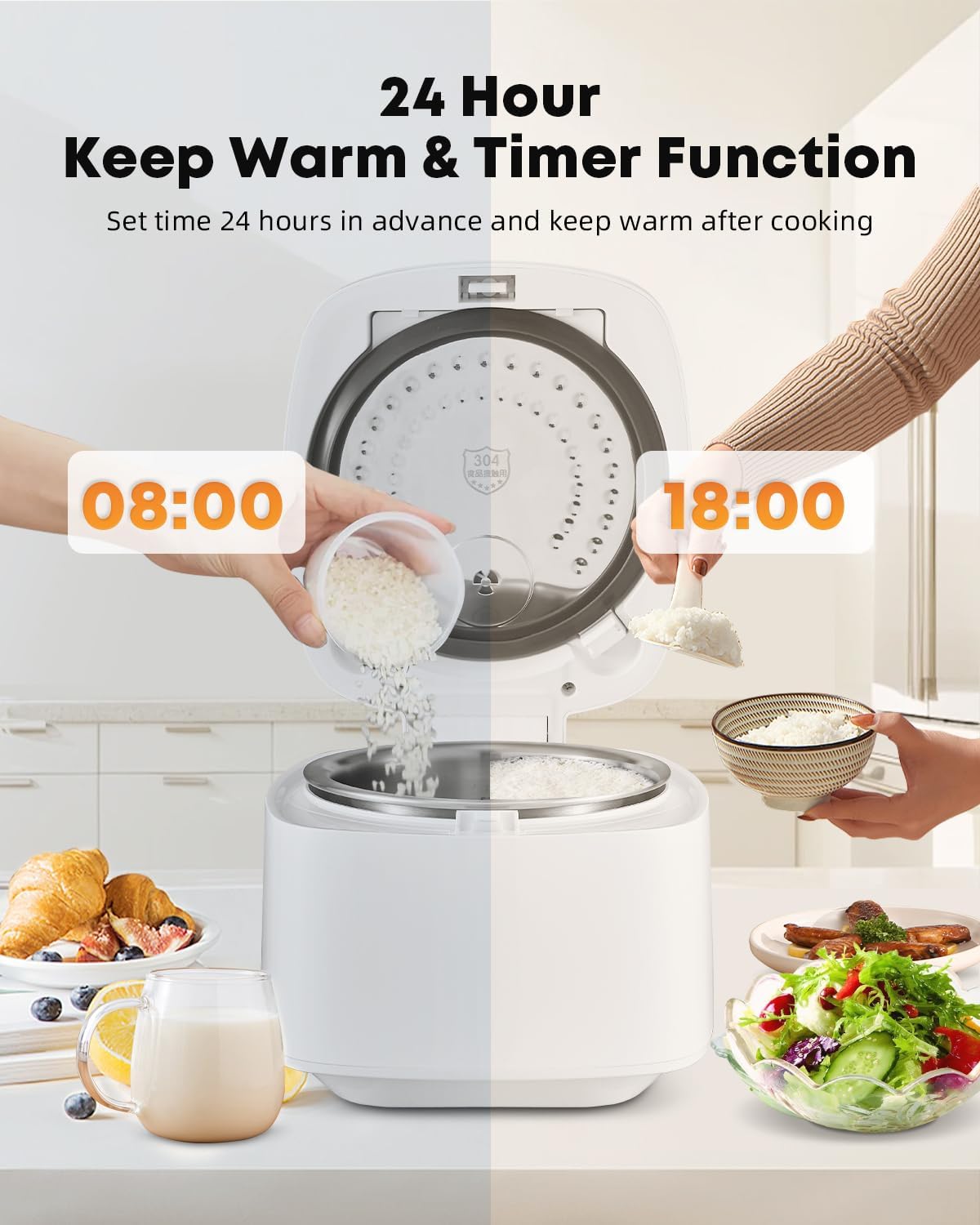 Novaspark Low Carb Rice Cooker Stainless Steel Inner Pot, Mini Stainless Steel Rice Cooker Small 5 Cup, LED Display Low Sugar Rice Maker, 24H Timer and Auto Keep Warm, White Rice/Porridge/Oatmeal, White