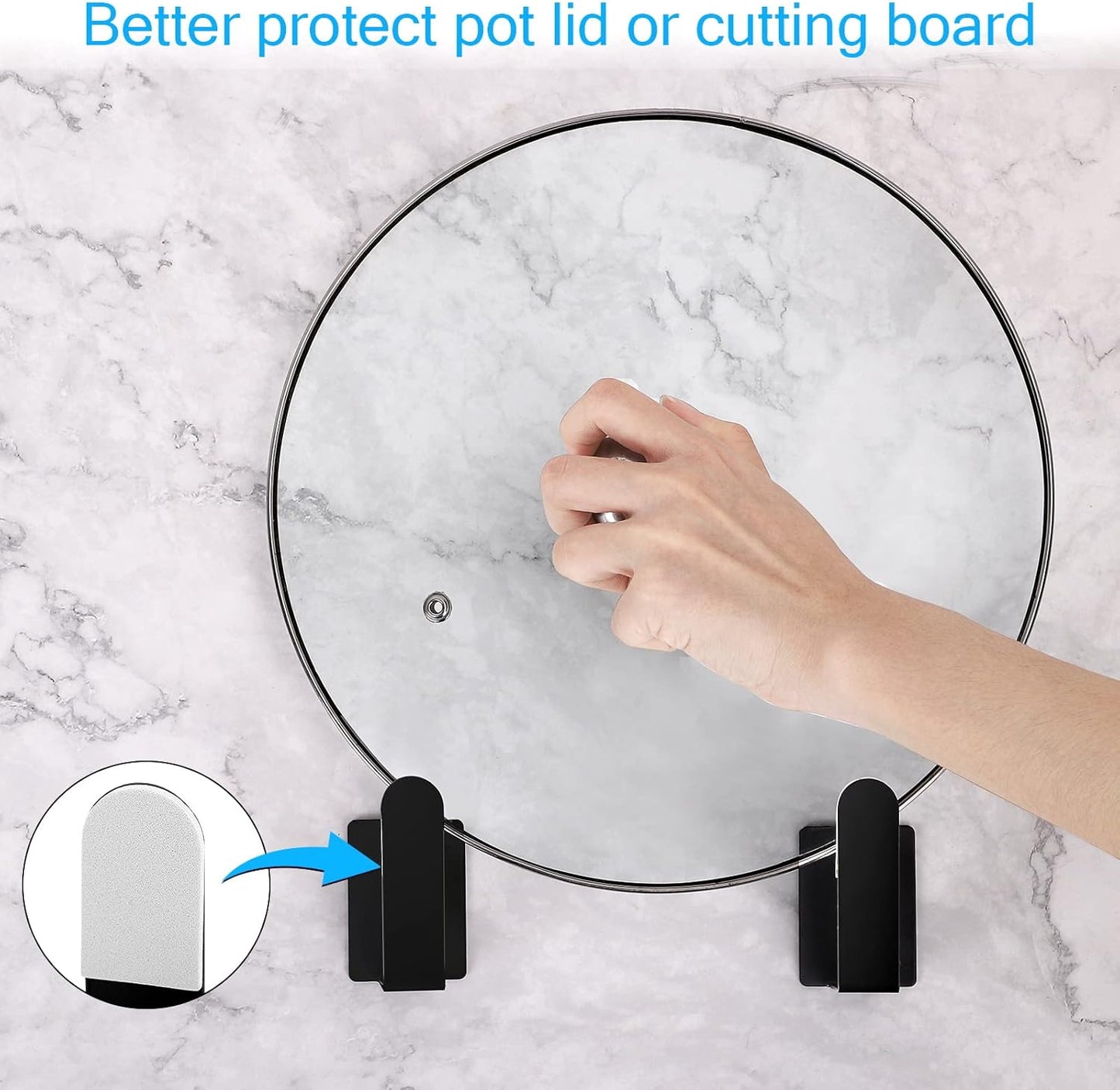 Pot Lid Holder Stainless Steel Wall Mounted 3M Self Adhesive Pan Cover Racks (Set of 4) Freely Adjustable Length (Black)