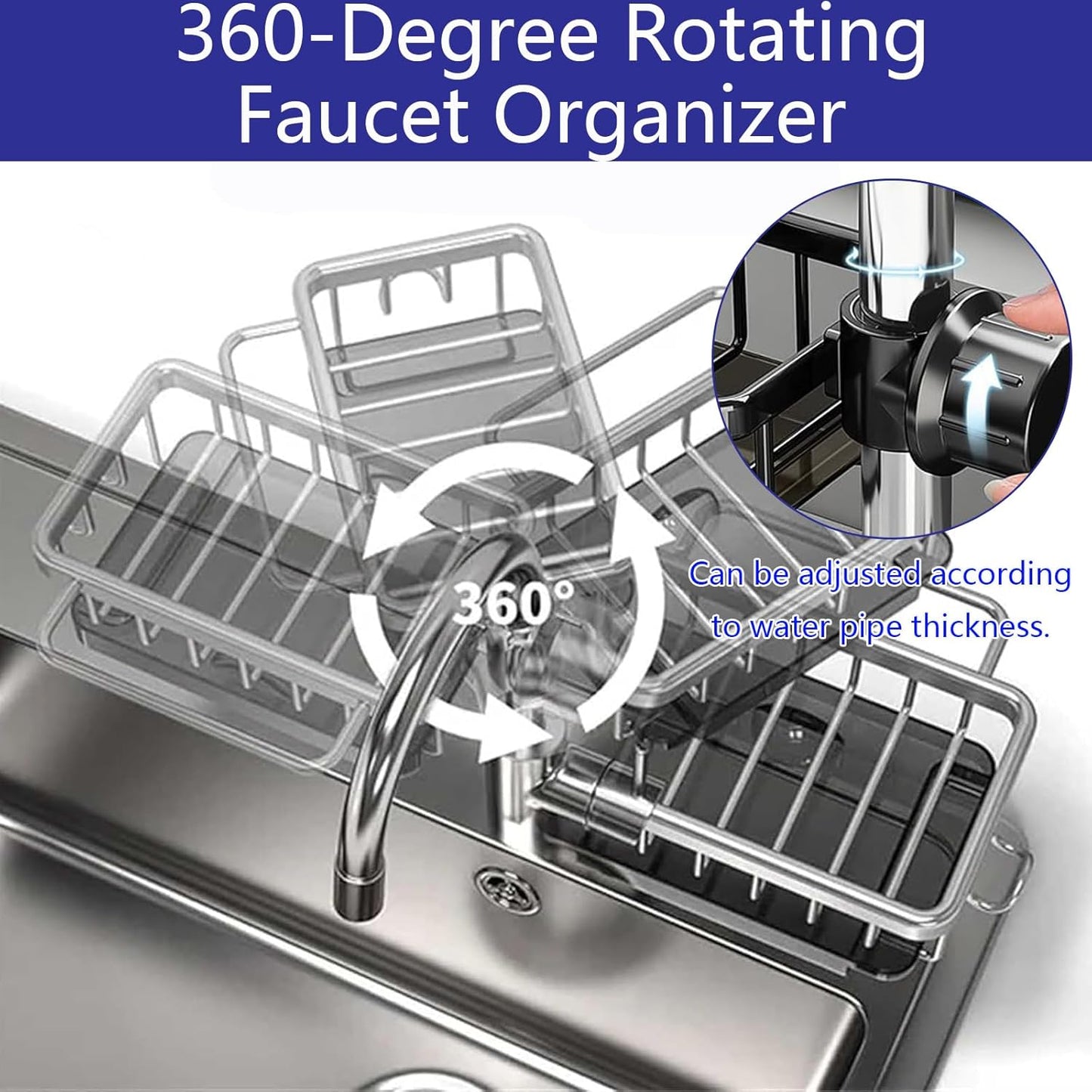 Kitchen Sink Faucet Organizer Multifunction Sponge Holder Organizer Sink Drain Holder Over Faucet Kitchen Sink Caddy with Hook Adjustable for 0.7-1.1inch Round Water Pipe (Black, B)