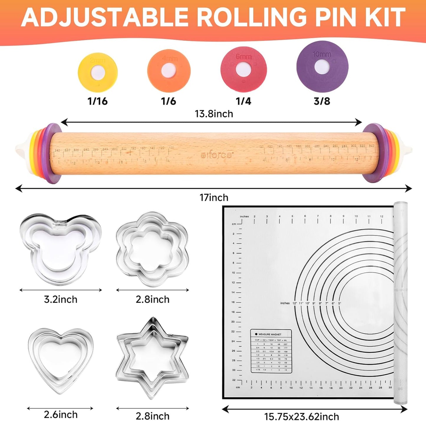 Wooden Rolling Pin with Thickness Rings and Pastry Baking Mat, Pizza, Cookie, Bread, Pie Crusts,Roller Rod for Dough Thickness, 13.6" with 4 Multicolored Thickness Rings&Cookie Molds