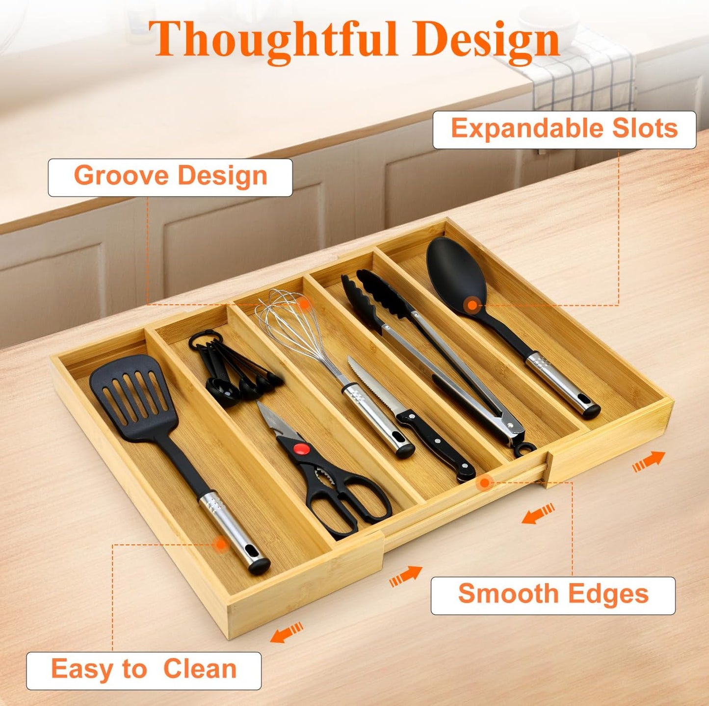 Expandable Silverware Drawer Organizer Storage Large Bamboo Kitchen Tool Utensil Organizers Divider Cutlery Tray Adjustable Flatware Drawer Organizer for Spoon Spatula Cooking Utensils Holder Tray