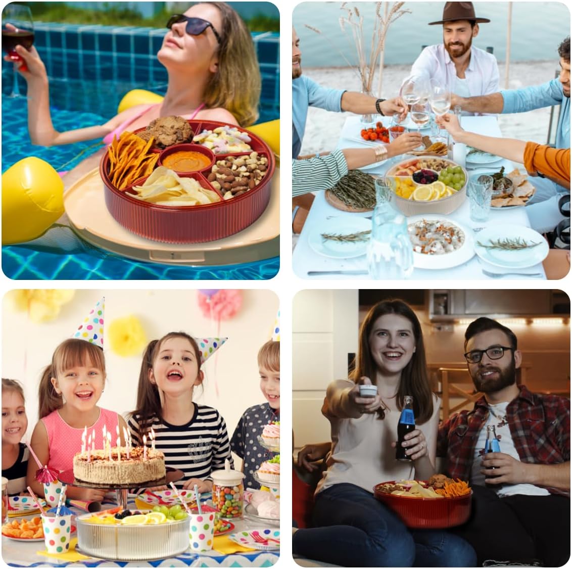 Snackle Box Container, Round Divided Serving Tray with lid 6parts for Veggie, Candy and Nuts Organizer for Travel, Party and Picnic (Cream/Silver)