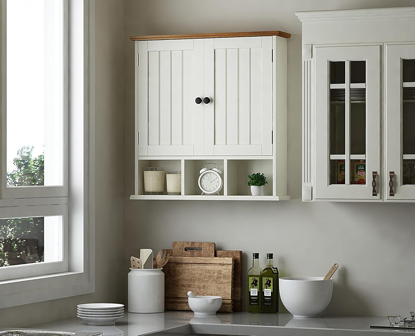 ChooChoo Bathroom Cabinet Wall Mounted 2-Door with 3 Open Shelves, Wooden Medicine Cabinets with Adjustable Shelf,Space Saver Storage Cabinets Over The Toilet for Bathroom&Living Room,White Brown