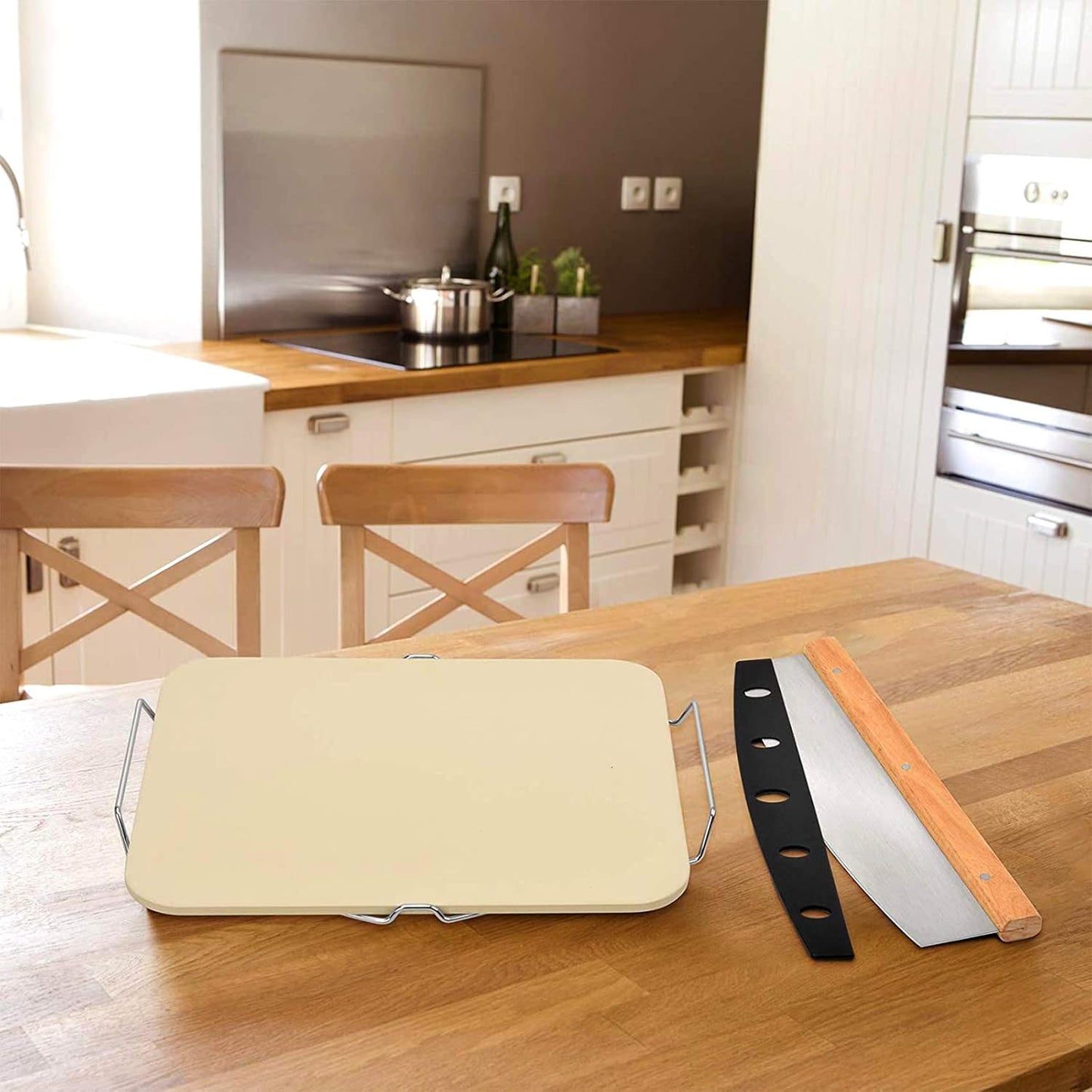 Pizza Grilling Tool Kit - Including 15 x 12 inch Pizza Stone with Metal Handle Rack, Rocker Pizza Cutter Blade with Wooden Safer Grip & Protective Cover – Premium Pizza Oven Grill Accessories