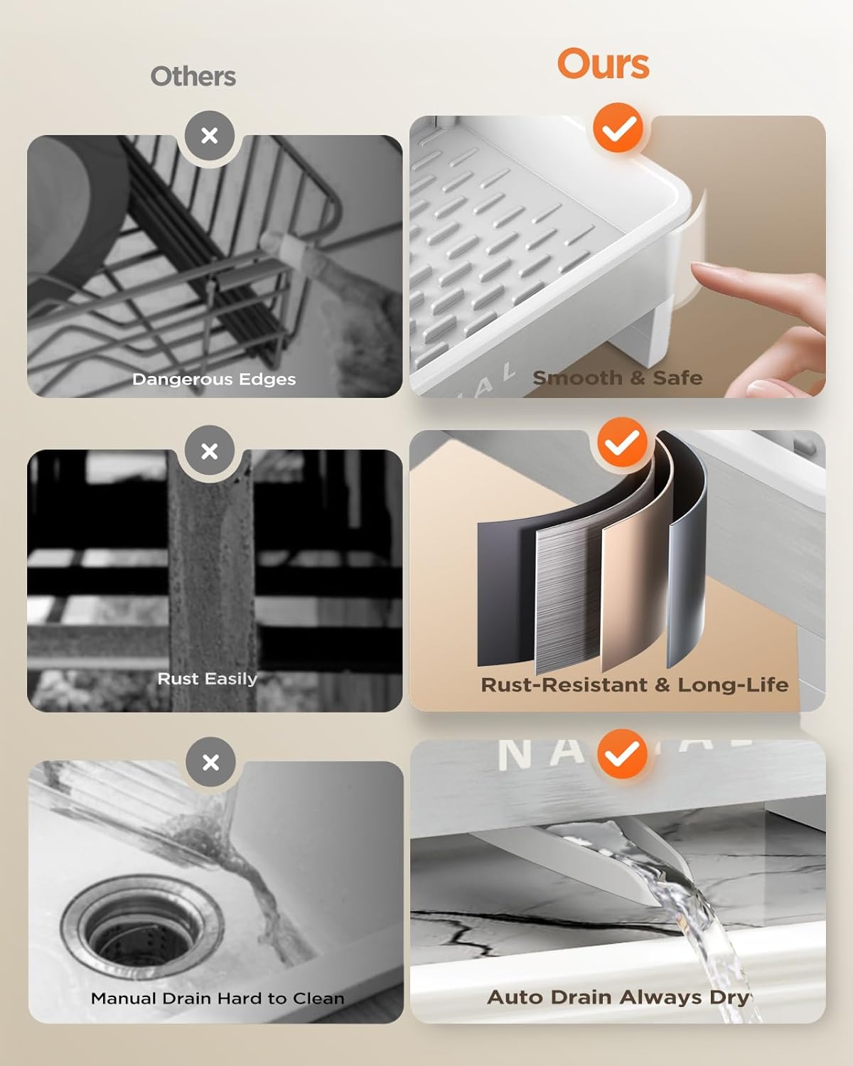 Nacial Sponge Holder for Kitchen Sink, Sink Caddy Organizer with High Brush Holder, Two Towel Racks & Soap Dispenser- Rustproof 304 Stainless Steel Kitchen Countertop Storage Essentials - White