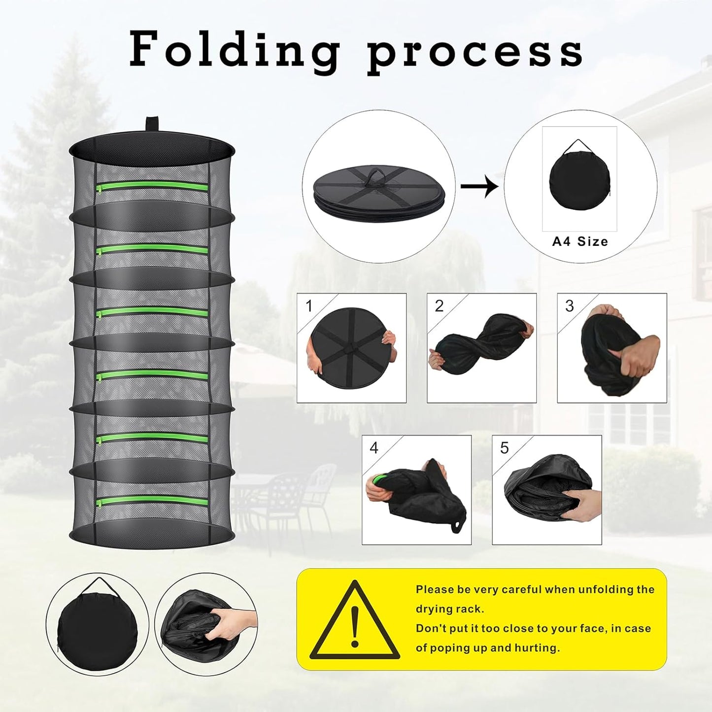 Herb Drying Rack with Mesh Design - Hanging Herb Dryer with Green Zipper for Garden, Home, Indoor or Outdoor Use (4layer)