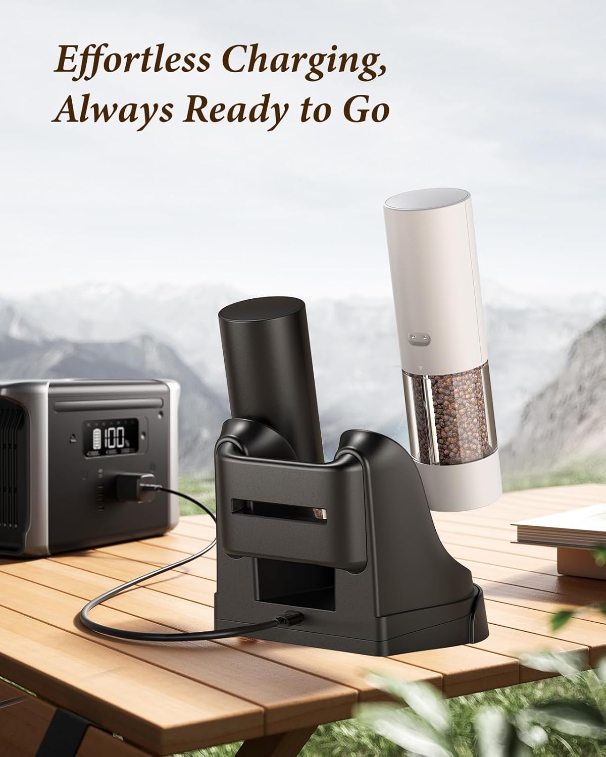 Electric Salt and Pepper Grinder Set - Automatic Refillable Salt and Pepper Grinders with Charging Base & LED Light, 6-Level Adjustable Coarseness with External Dial, Ideal Kitchen Gadget,Black& White