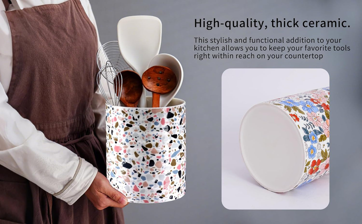 Kitchen Utensil Holder,7.2″Extra Large Stable Terrazzo Marble Pattern Ceramic Utensil Crock,Utensil Organizer for Countertop,Kitchen Decor,Utensil Holder for Housewarming,Wedding Gift Pink