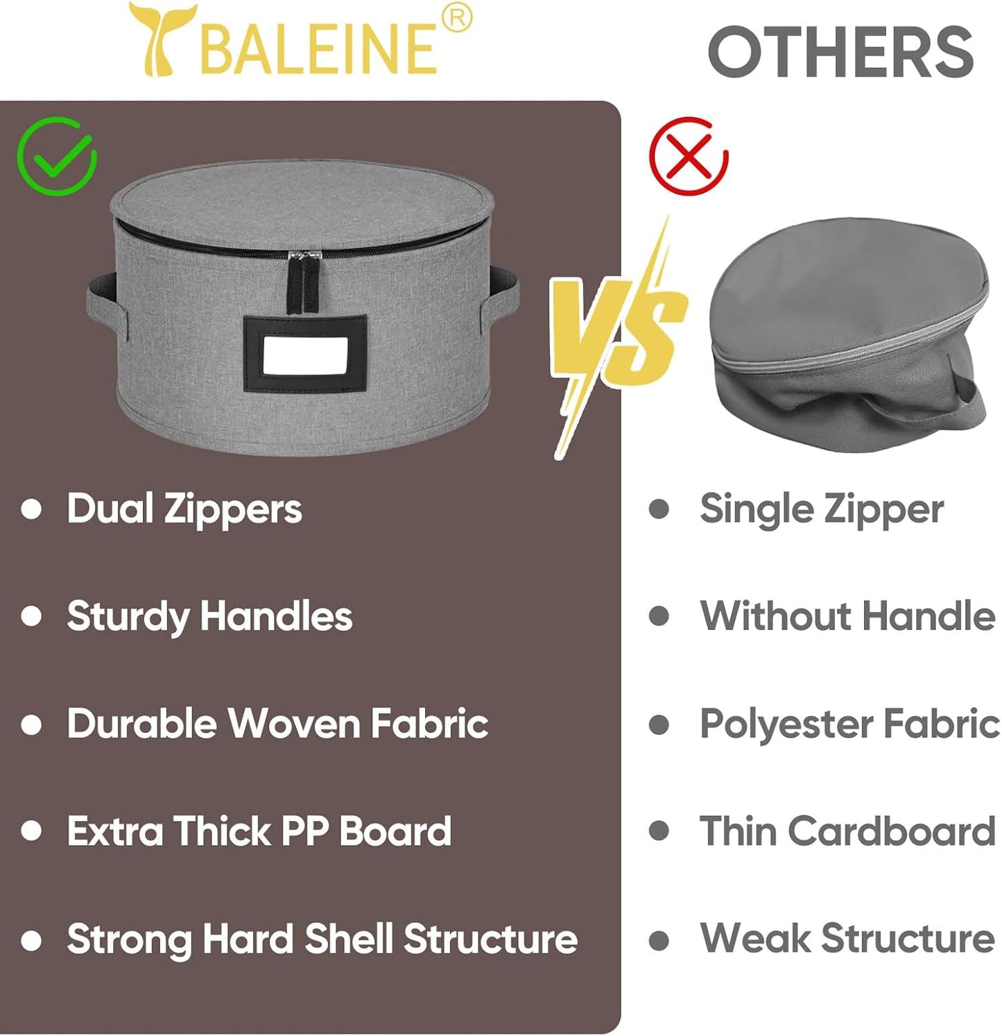 BALEINE China Storage Containers, Sturdy Quilted Wine Glass Storage, Plate Organizer with Carry Handles, Moving Boxes for Dishes, Cups, Mugs and Stemware (Plate, Hard Shell Grey)