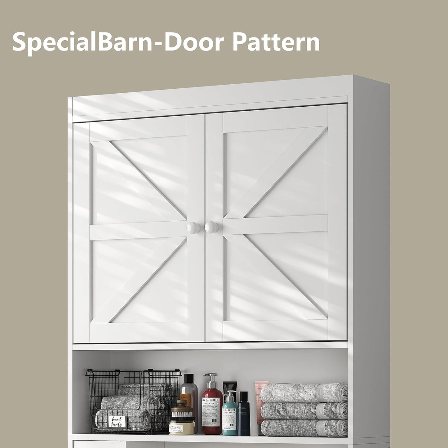 Furnideco Over The Toilet Storage Cabinet with Barn Doors, 32.3''W Free Standing Toilet Storage Shelf Space Saver with Adjustable Bottom Bar, White