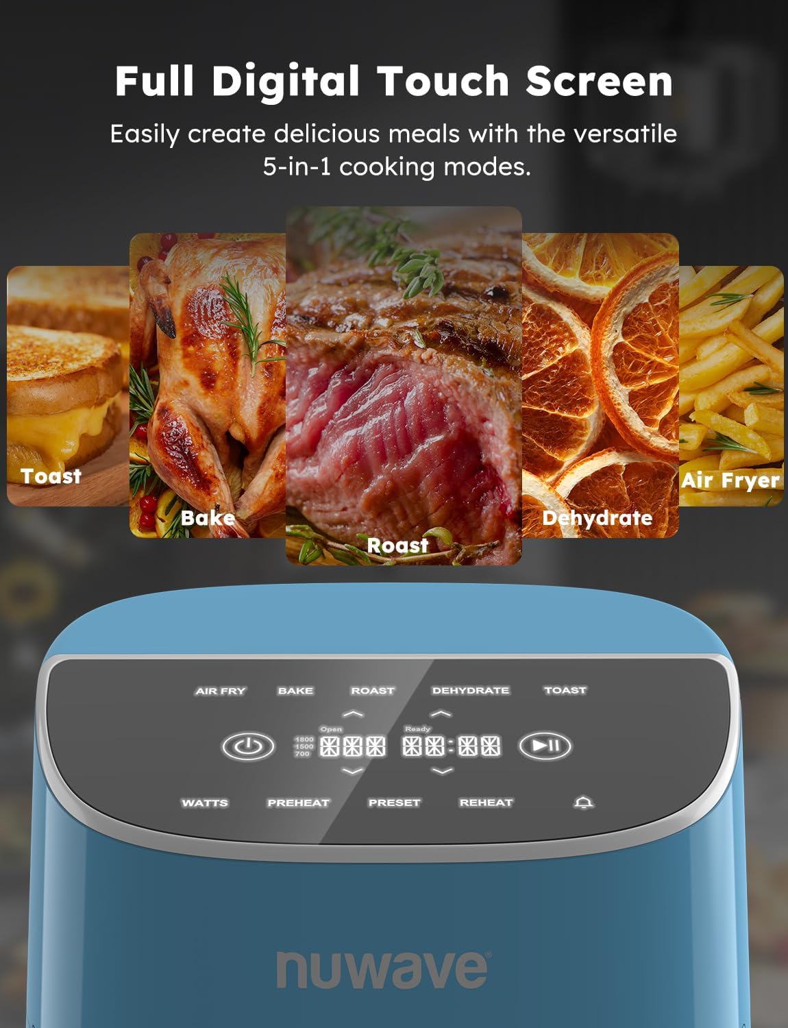 Nuwave Brio Plus 8 Qt Air Fryer, PFAS Free, New & Improved, Digital Touch Screen, Cool White Display, 50°F~400°F in Precise 5°, 5 Cook Functions, 100 Presets & 50 Memory, 3 Wattages 700, 1500, 1800