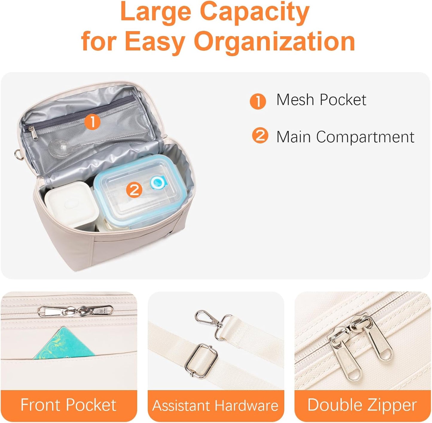 NOL Natural Organic Lifestyle Insulated Lunch Bags for Women Cooler Bag Lightweight Nylon Waterproof Lunch Box For Work (Small, Cream)