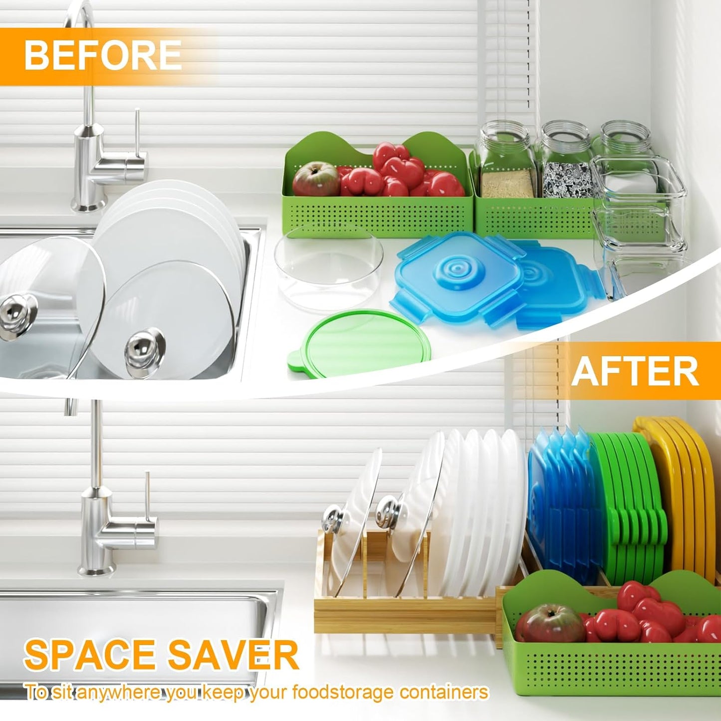 Pots and Pans Organizer, Bamboo Expandable Cutting Board Organizers, Adjustable Pot Lids Organizer for Cabinet with 5 Adjustable Dividers for Pots, Pans, Baking Sheets, Cutting Boards, Nature