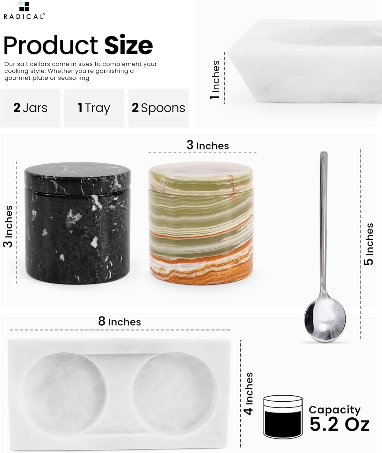 Radicaln Marble Salt Cellar With lid and Tray 3" Inch Black and Green Salt Container, Set of 2 for Kitchen countertop, Ideal Salt Bowl and Spice Storage Container