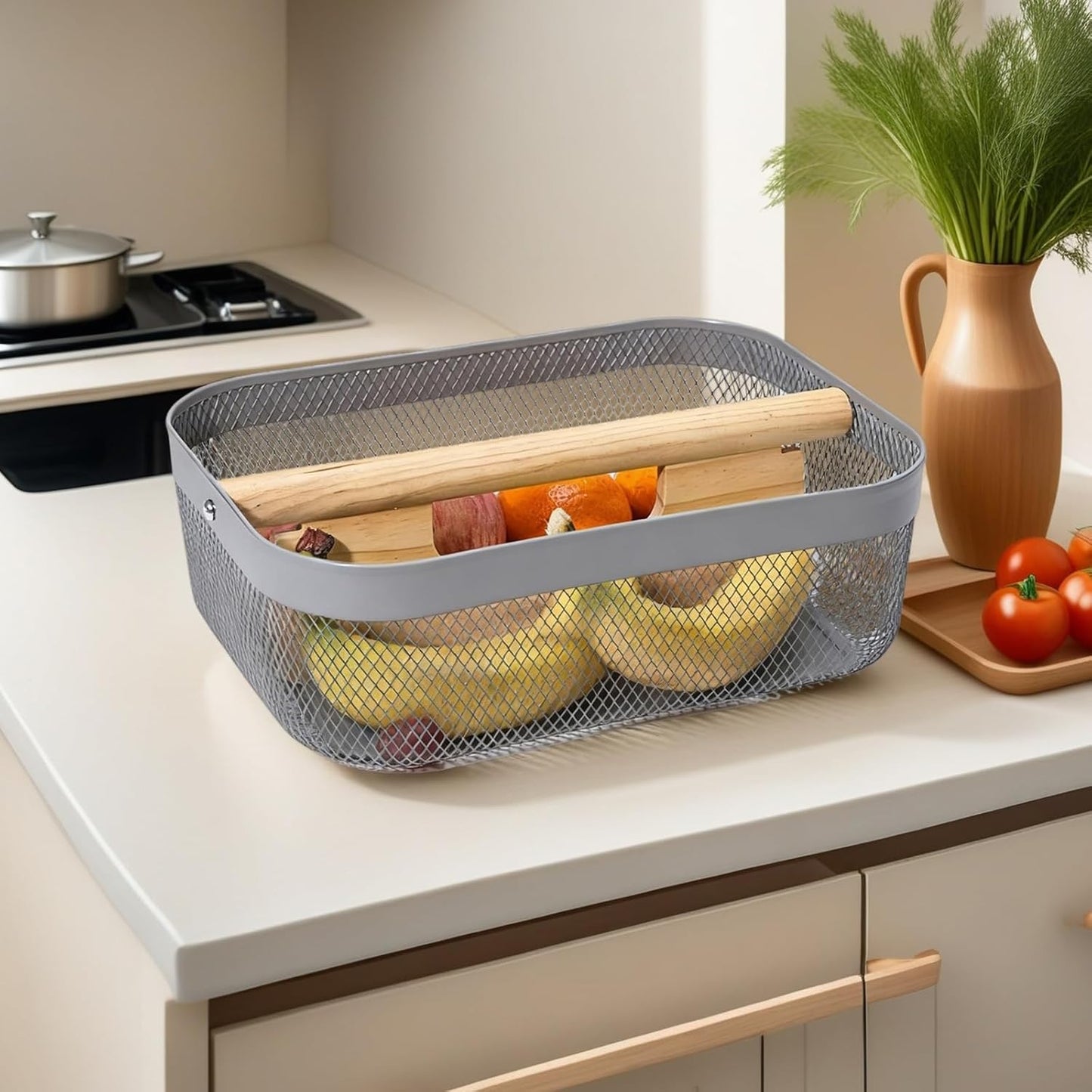 Metal Mesh Steel Storage Basket, Garden Harvest Wire Organizer Basket Multi-functional Kitchen Fruit Basket with Wooden Removable Partition & Handle for Bathroom Picnic Decor Cabinet, Grey