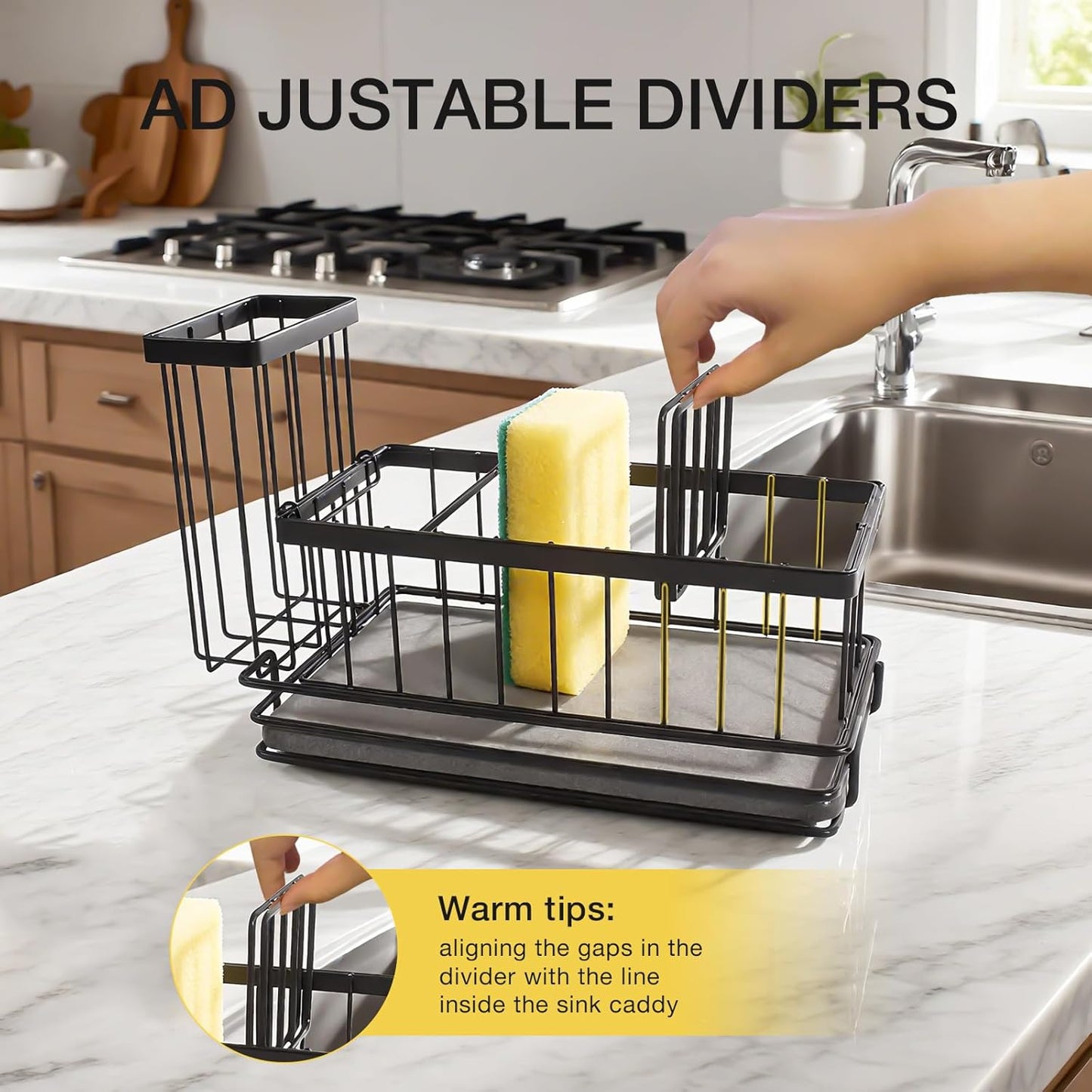 Kitchen Sink Caddy, Sink Sponge Holder with Instant Dry Stone Tray, Stainless Steel Holder for Sponges, Scrubbers & Soap - 9.1" X 5.91" X 5.1" Home Decor Storage Organizer