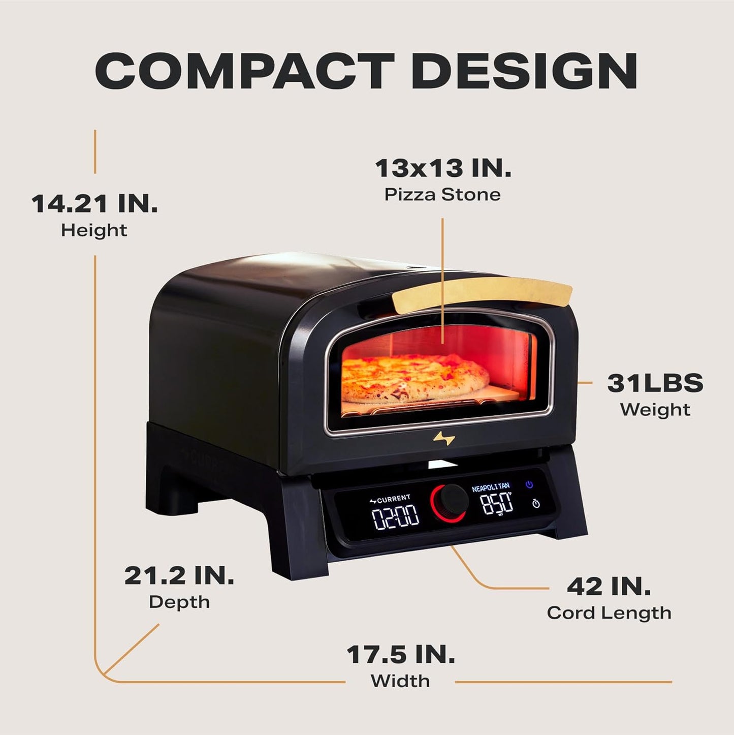 Current® Model P Smart Electric Pizza Oven, 12-Inch, 850°F Max, 5 Cooking Modes, App Connectivity for Temperature Monitoring & Custom Cooking Times, Compact for Indoor & Outdoor Use, Beige