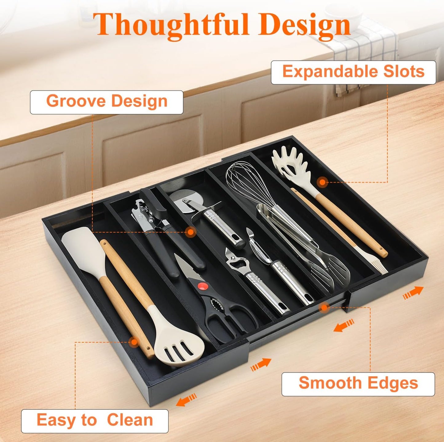 Expandable Large Kitchen Utensil Drawer Organizer Storage Black Bamboo Silverware Organizers Tray Divider Adjustable Spoon Flatware Organizer Wood Cutlery Tray Cooking Utensils Tool Holder Drawer