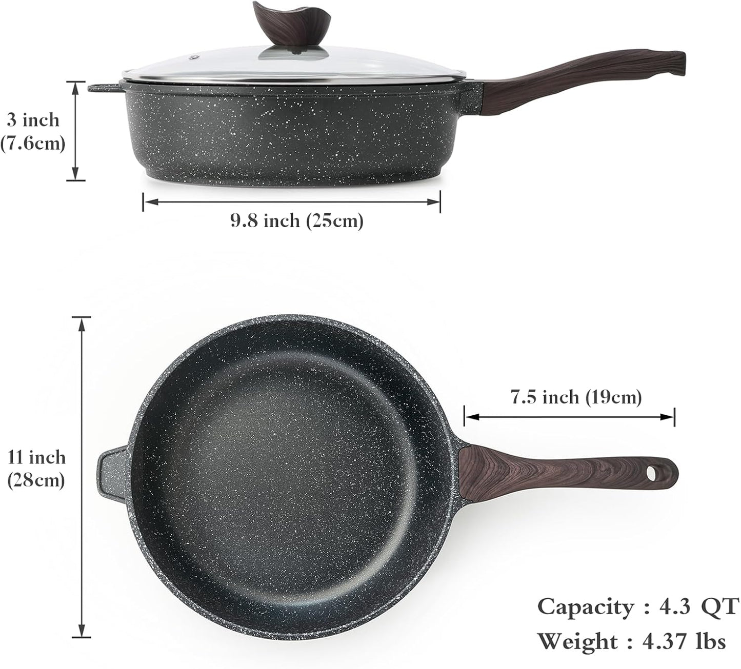 Nonstick Deep Frying Pan with Lid, 11 Inch Non Stick Skillet, Saute Pan for Cooking, Healthy Induction Cookware, PFOA Free